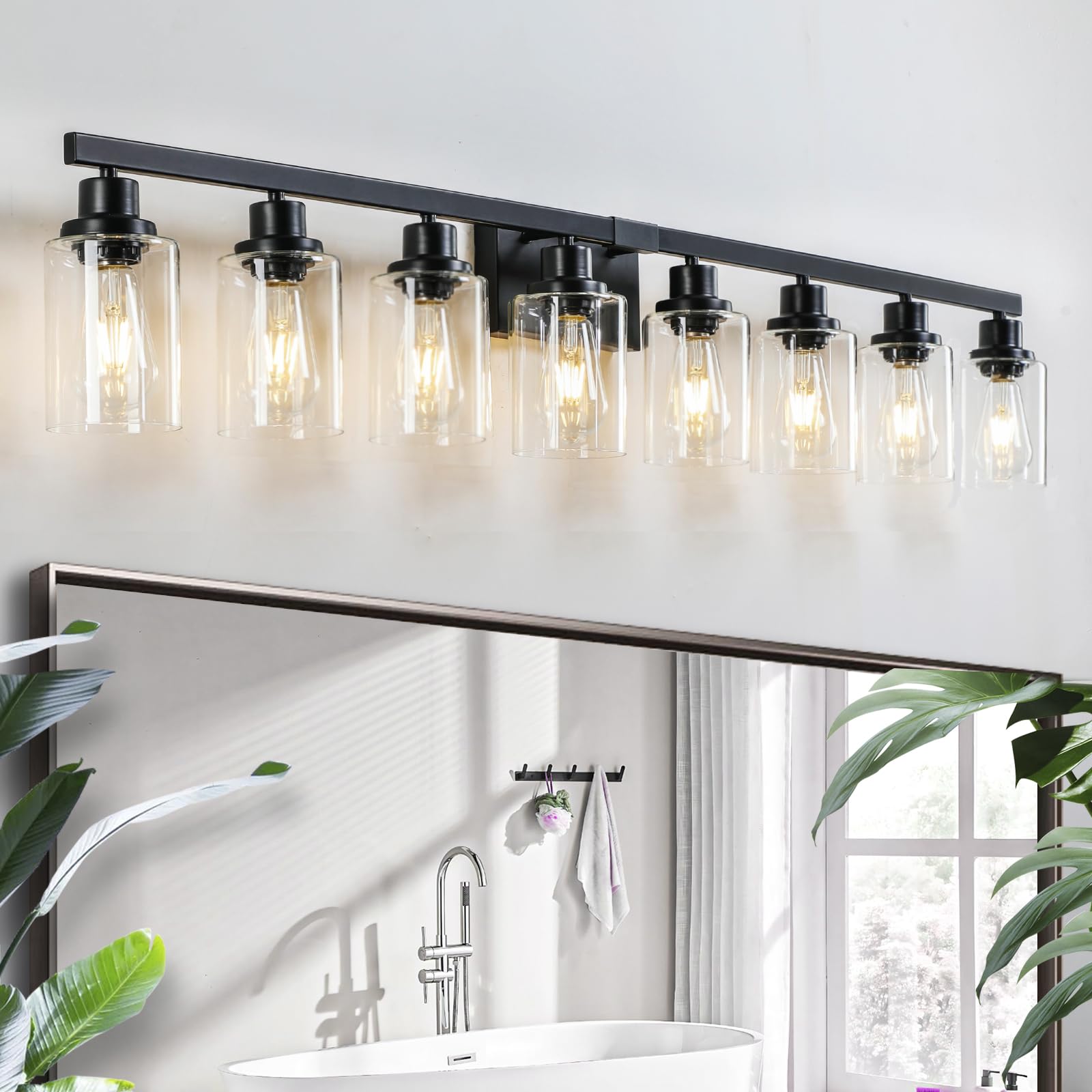 DIKAIDA 8-Light Bathroom Vanity Lights, Matte Black Metal Fixtures, 52inch, Modern Design for Mirror, Bedroom, Living Room