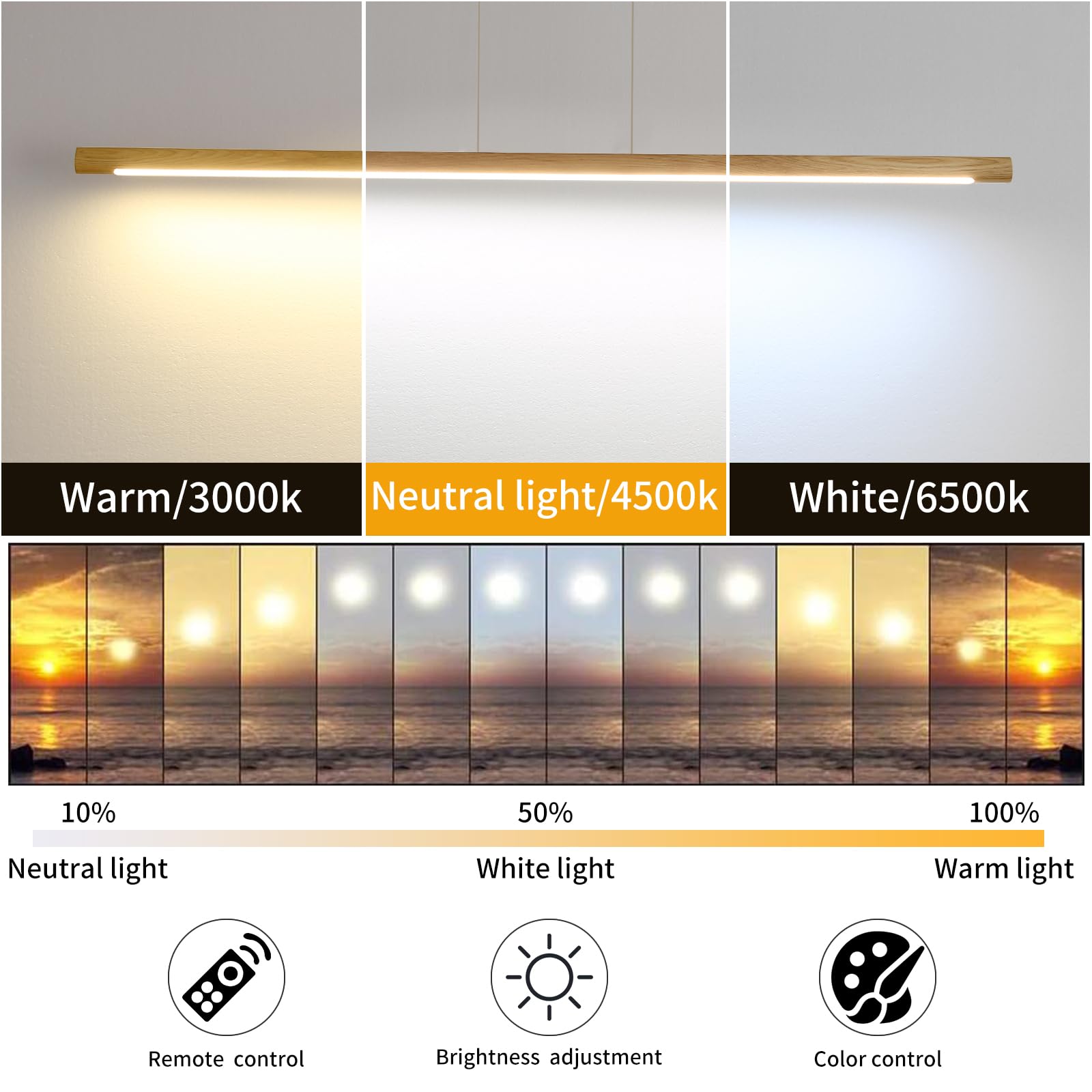 Matven Wooden Linear Pendant Light, 47'' Dimmable Pool Table Island Lights For Kitchen, Led Ceiling Pendant Lamp For Dining Room