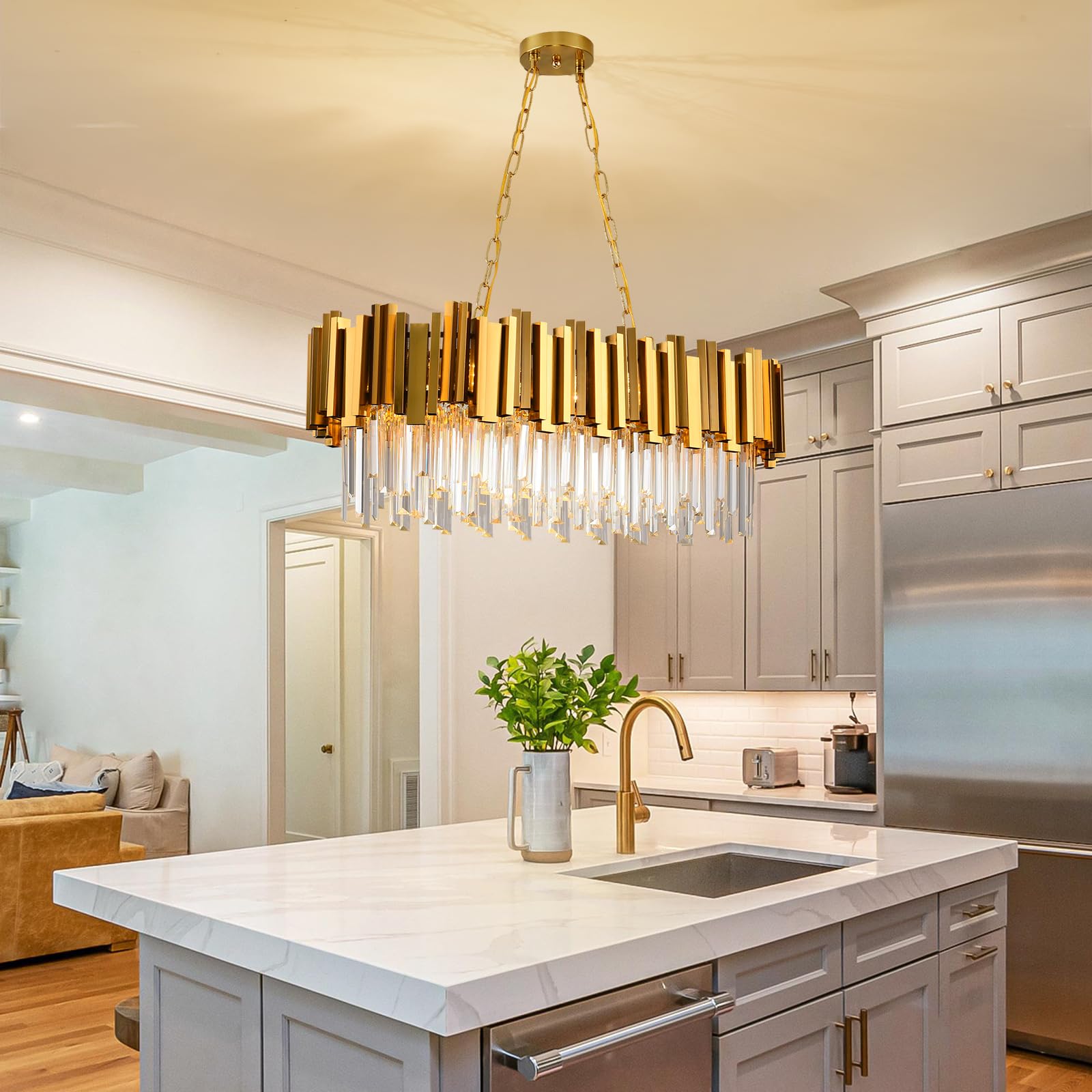 AKDXIRUN Crystal Chandelier Pendant Light Fixture, 8 Lights, Metal, Gold, 32" for Dining Room & Living Room