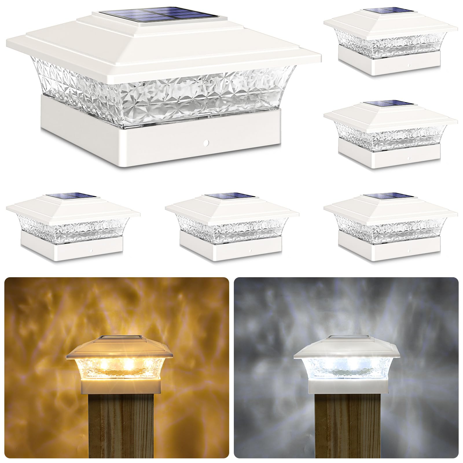 Solar Post Cap Lights Outdoor 6pack, Waterproof Fence Post Lights with 16 Ultra Bright LEDs Fit 4x4 Wood/Vinyl Posts, White Deck