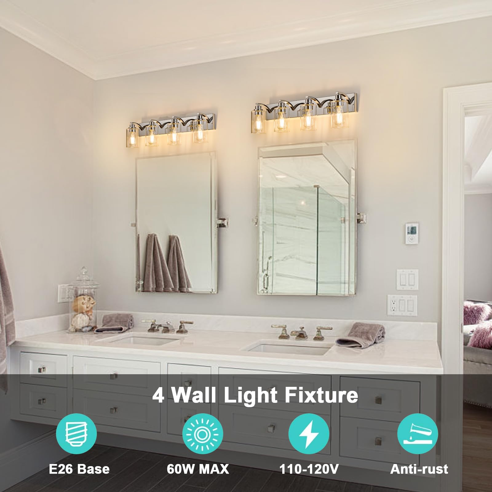 Alaislyc 4-Light Bathroom Light Fixtures Modern Chrome Vanity Lights For Bathroom Lighting Fixtures Over Mirror With Clear Glass Shade For Cabinet Mirror Bedroom Hallway