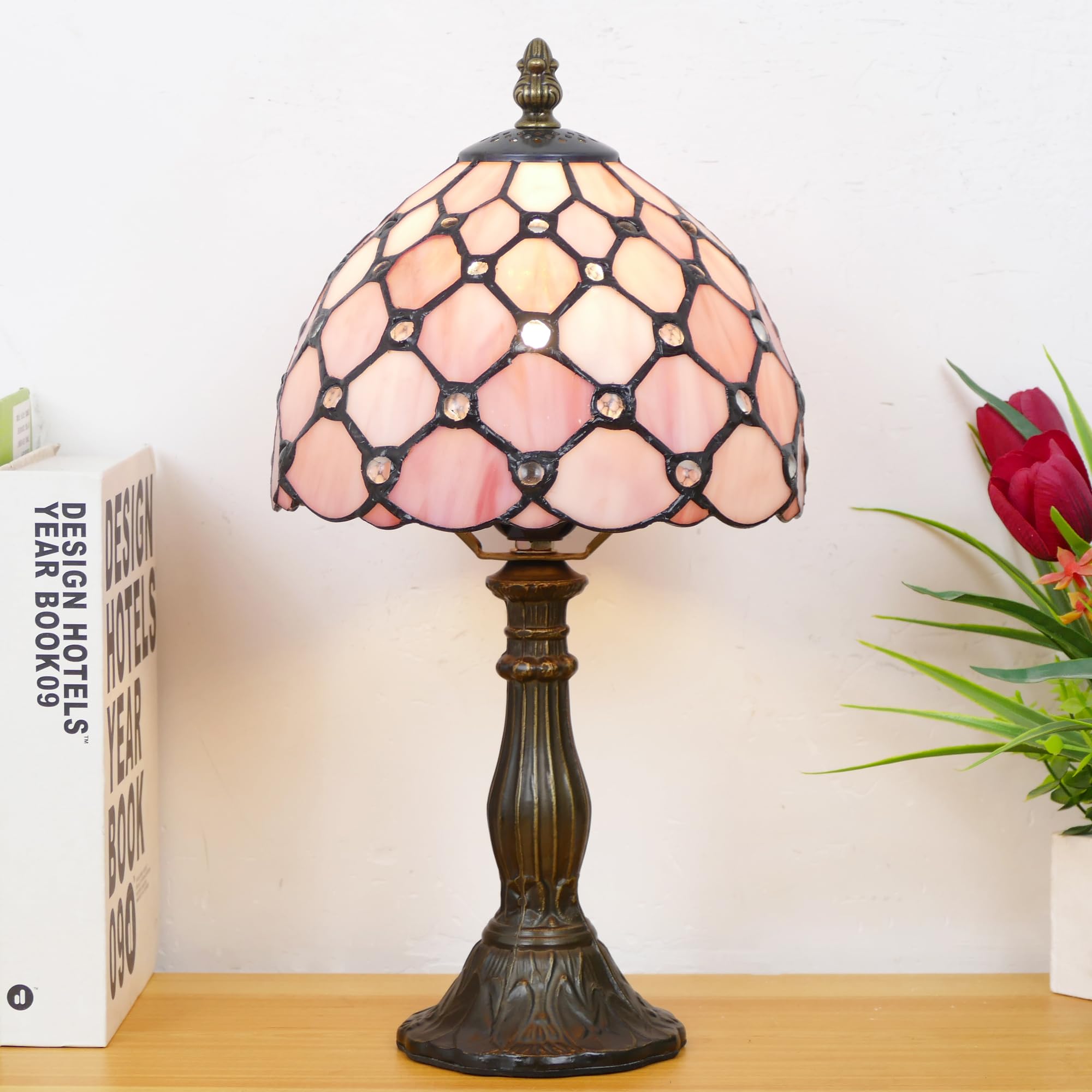 WFAYNTIFL Small Tiffany Lamp Mini Stained Glass Table Lamp Pink Pearl Style Bedside Accent Lamp Memory Sympathy 8X14.5 Inch