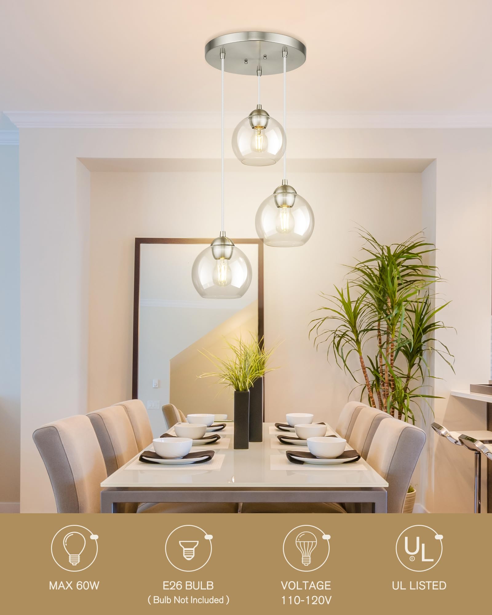 Emak Brushed Nickel Pendant Light, 3-Light Pendant Lights Kitchen Island With Clear Glass Shade, Cluster Globe Hanging Light Fix