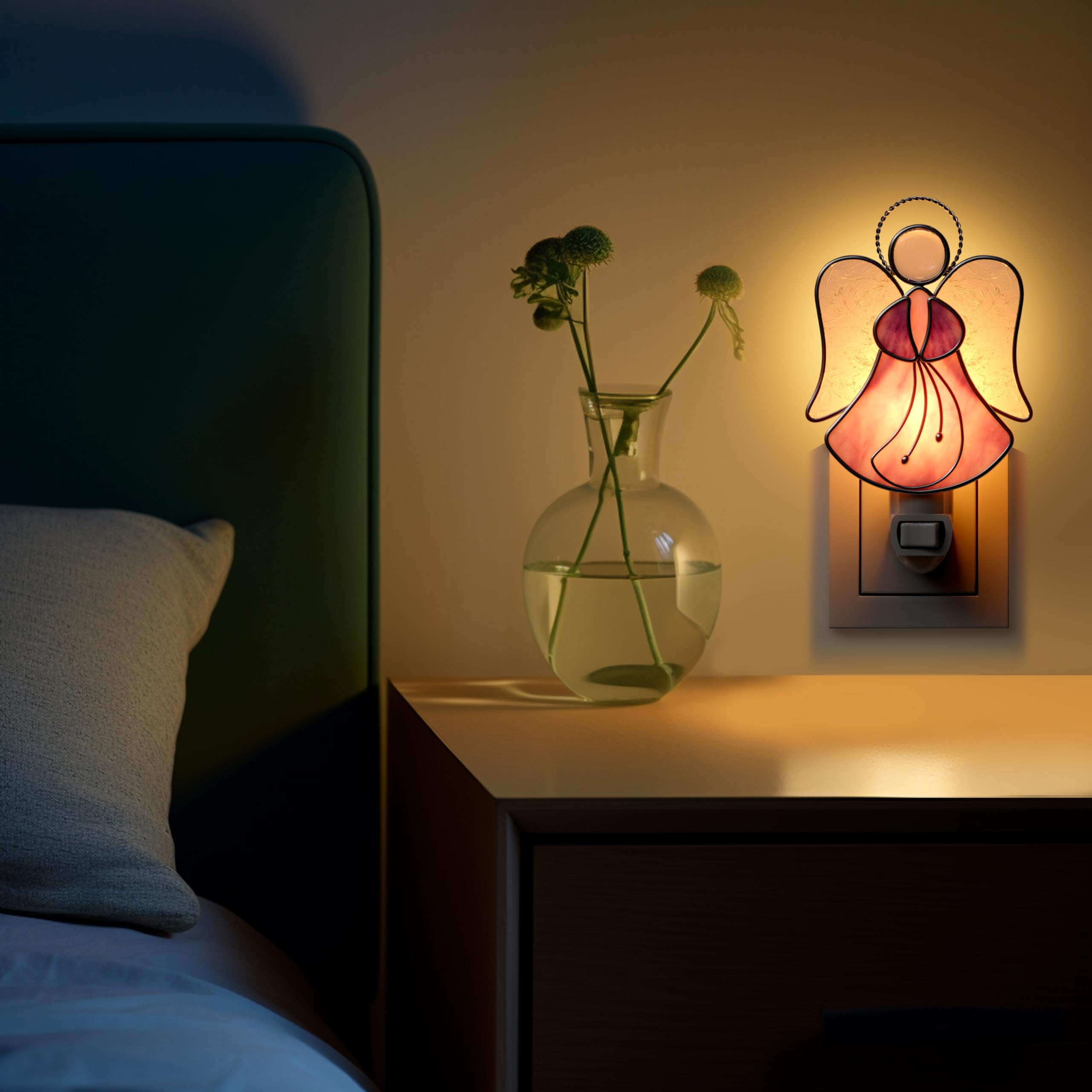 Kundgla Night Lights Plug Into Wall,Stained Glass Angel Nightlight Plug In,Decorative Night Light For Bedroom, Bathroom, Hallway, Kids Room Stairway - Pink Angel