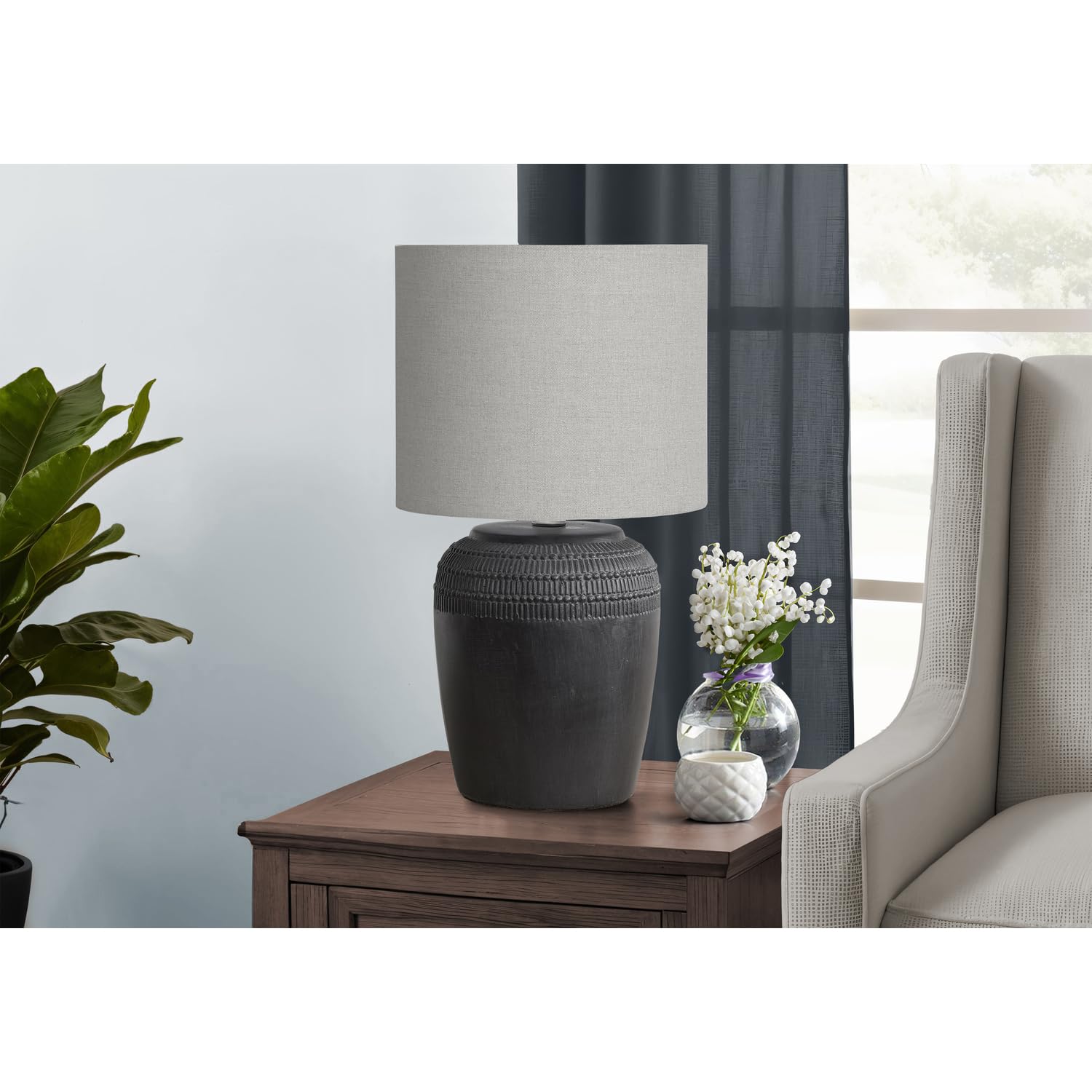 Monarch Specialties I 9781 Table Lamp - 17in H Grey Ceramic with Ivory Shade, 9.5inL x 9.5inW, Modern Design