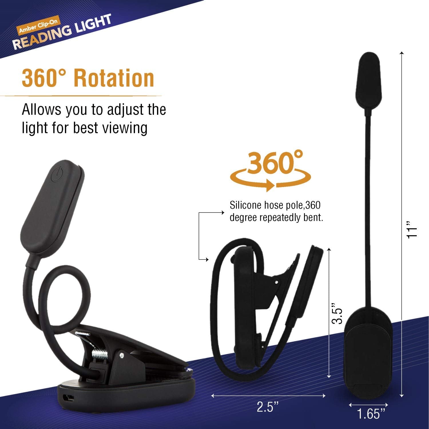 Vyanlight Book Light For Reading In Bed, Amber Color Reading Lamp With 360 Rotating Gooseneck, Rechargeable And Dimmable Warm Gl