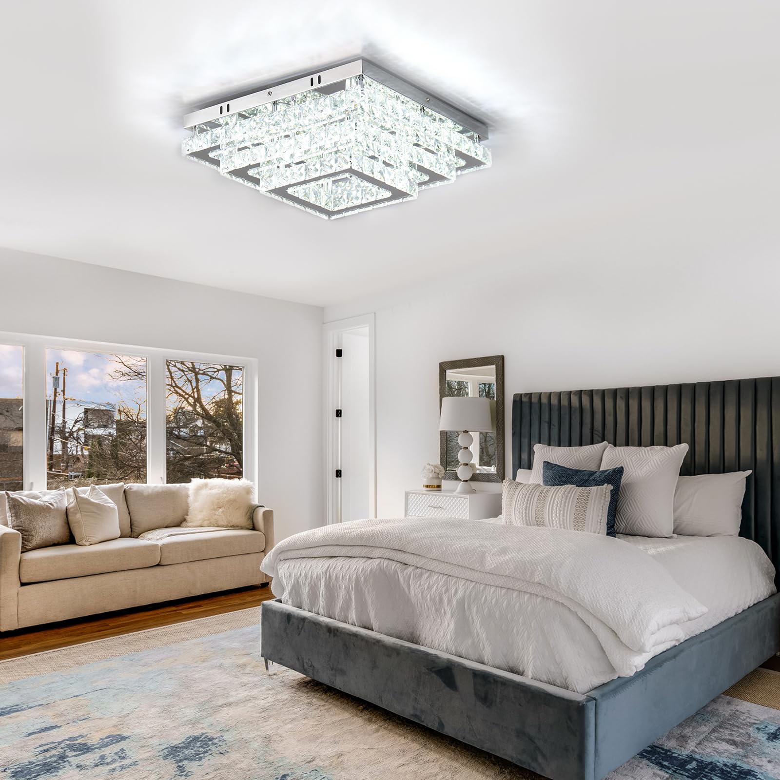 Finktonglan 15” Square Crystal Led Chandelier - 3-Tier Flush Mount Ceiling Light, Cool White