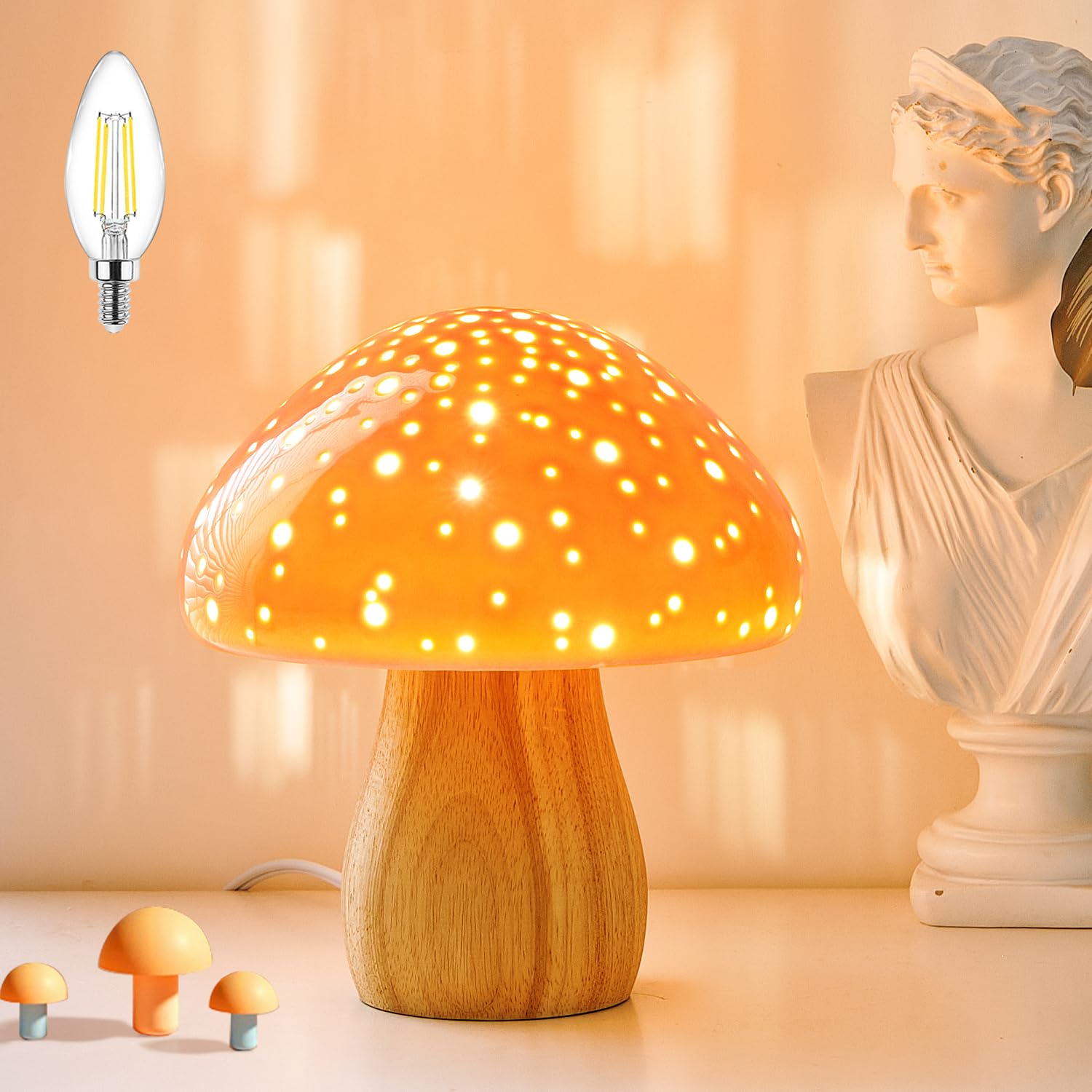 BOHON Mushroom Lamp, Ceramic Bedside Table Lamp for Bedroom Nightstand, Retro Vintage Orange Night Light, Small Lamp for Living 
