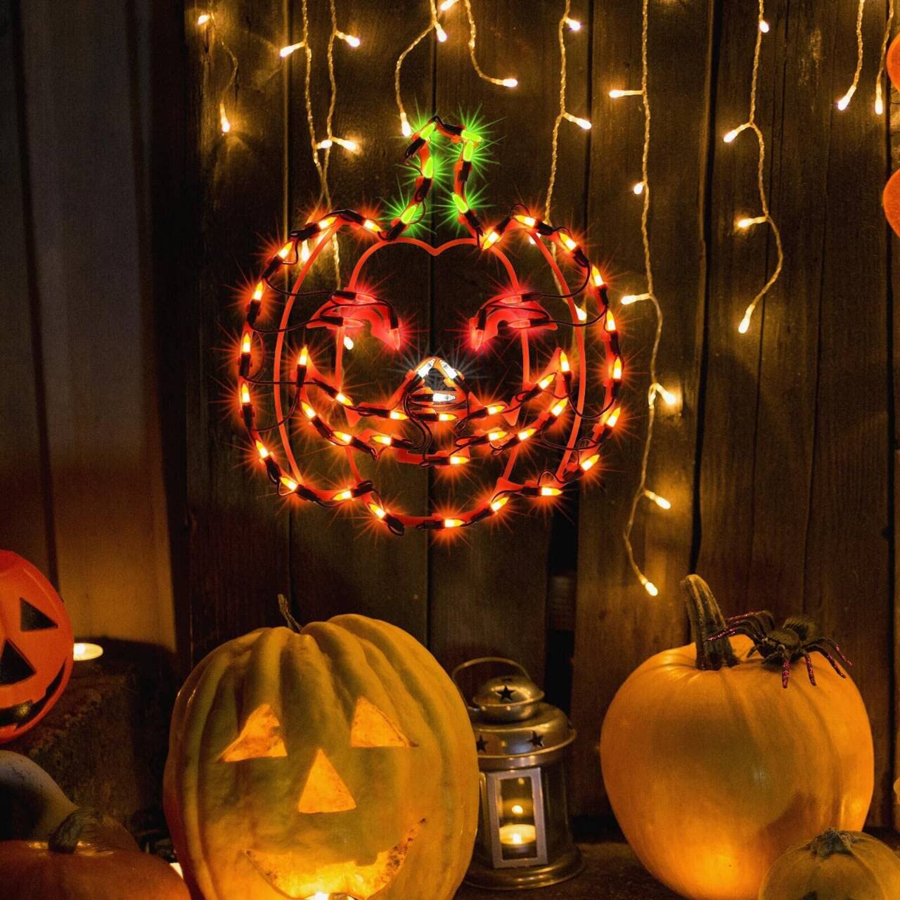 Justpro 13.3" Lighted Jack-O-Lantern Halloween Window Silhouette Decoration,Halloween Lighted Window Decoration,Hanging Light Up Holiday Ornament( Pumpkin Light)