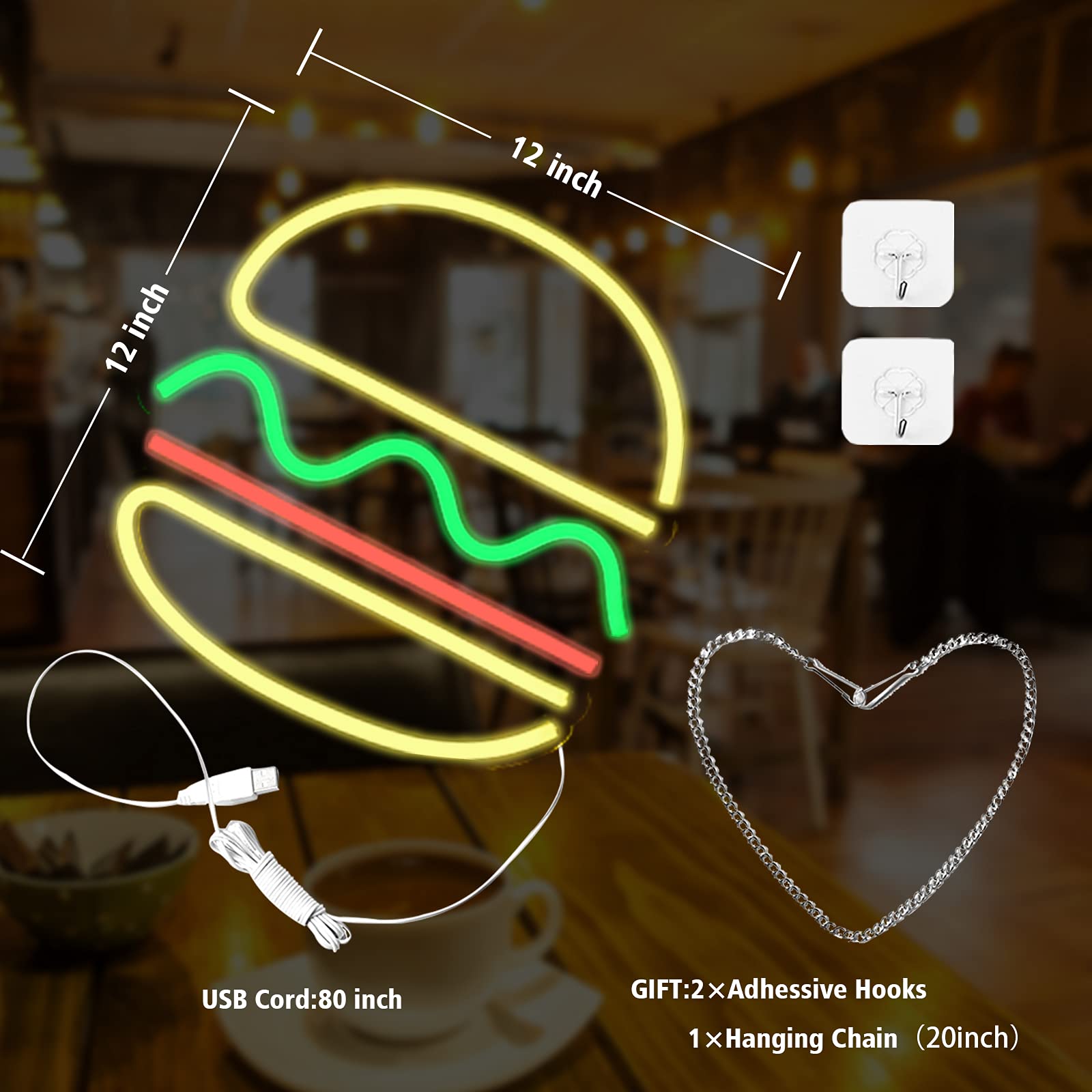 IMEGINA LED Neon Sign for Wall Decor, Handmade Burger Light, 12 x 12in , Plastic, N-Burger Model