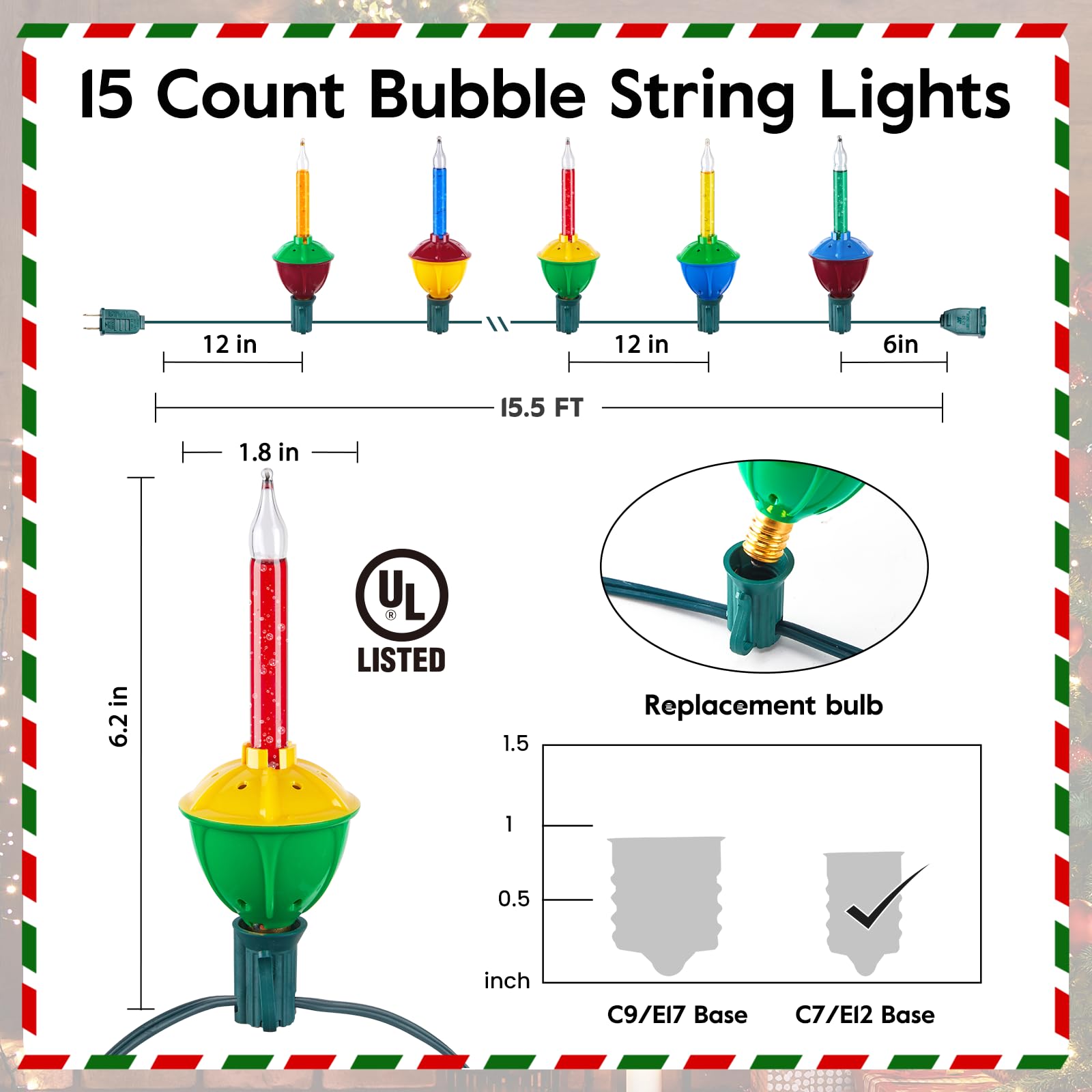 Brightown Christmas Bubble String Lights - 15 Multicolor Bulbs, Warm White, Copper Material, Model GYPC-O75AU