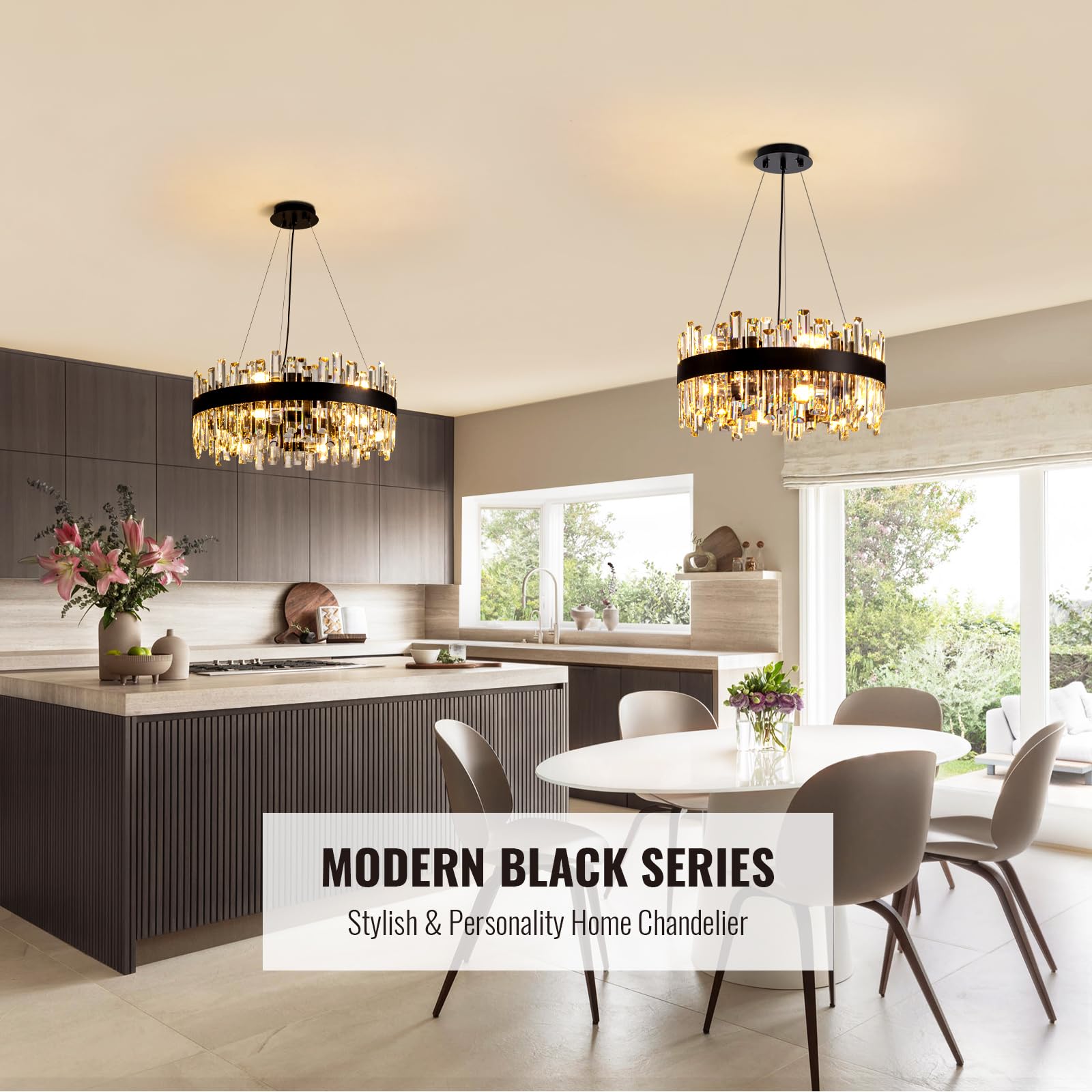 Siljoy Modern Crystal Chandelier, Black Round Semi Flush Mount, 12 Lights, 2 Tiers, D19.7'' for Living Room, Dining Room, Entryway