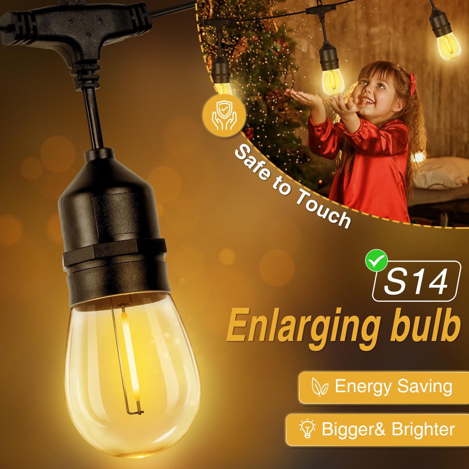 ZJOJO Solar String Lights 60FT, 15 Shatterproof Bulbs, Waterproof, Black, Model GY-S-E2615