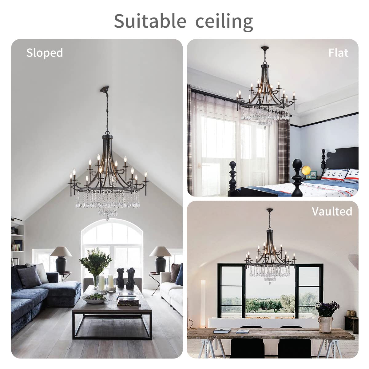 WUZUPS 12-Light Candle Chandelier Pendant Light, Black Metal Modern Fixture for Bedroom, Hallway, Kitchen, Living Room