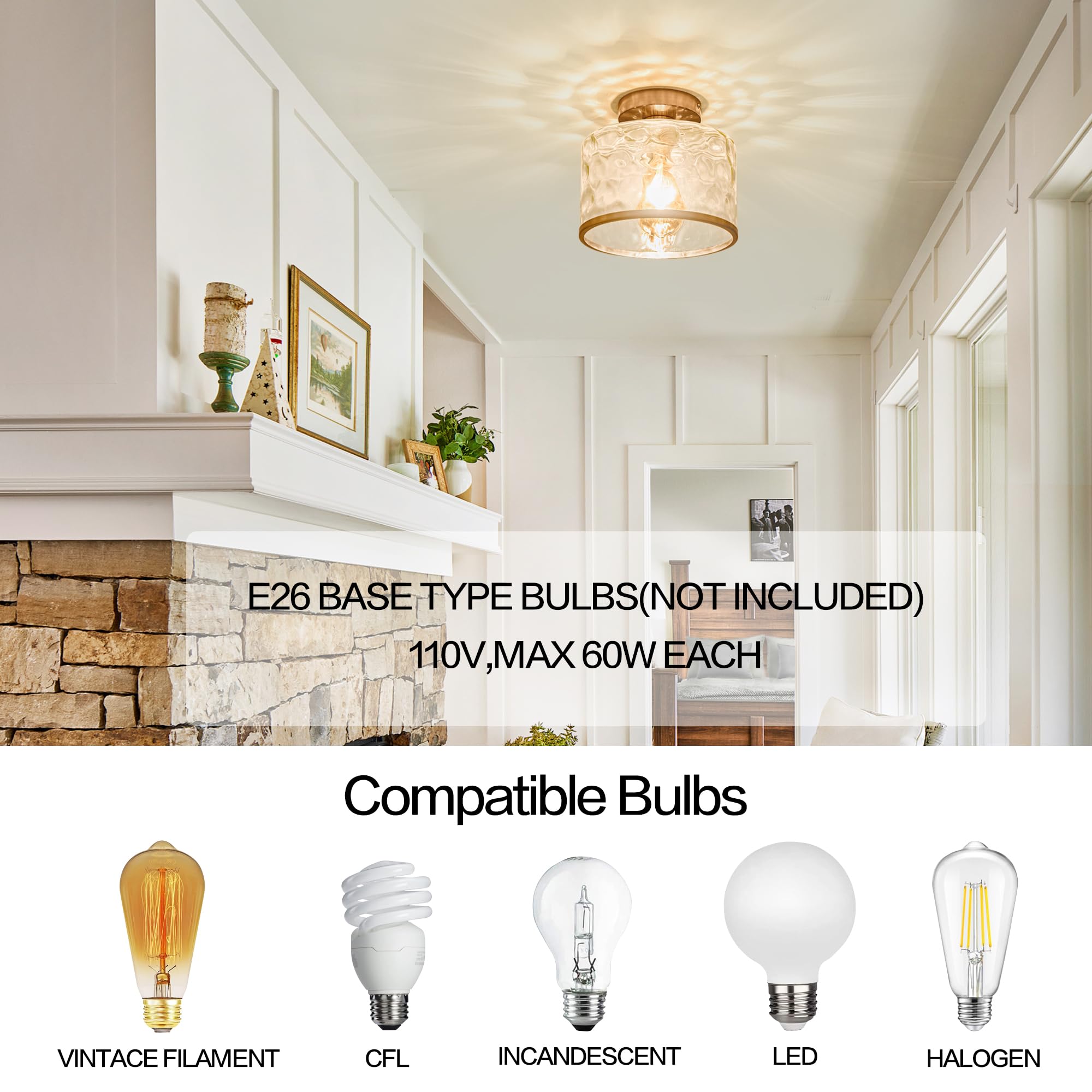 Zlepmlla Modern Semi Flush Mount Ceiling Light Industrial Clear Hammered Glass Lampshade Farmhouse Close To Ceiling Lights Fixtures In Satin Nickel For Hallway Kitchen Bathroom Bedroom