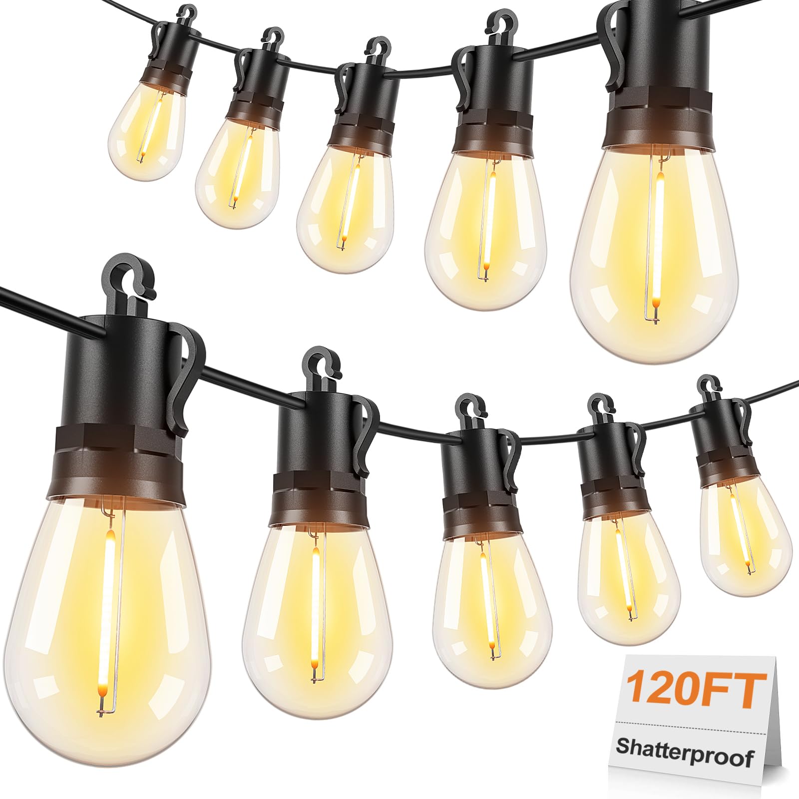 Brightever 120FT Outdoor String Lights Waterproof  LED Patio Lights with 34 S14 Shatterproof Bulbs(2 Spare)  2700K Outside Connectable Hanging Decorative Lights for Cafe  Bistro  Party  Birthday
