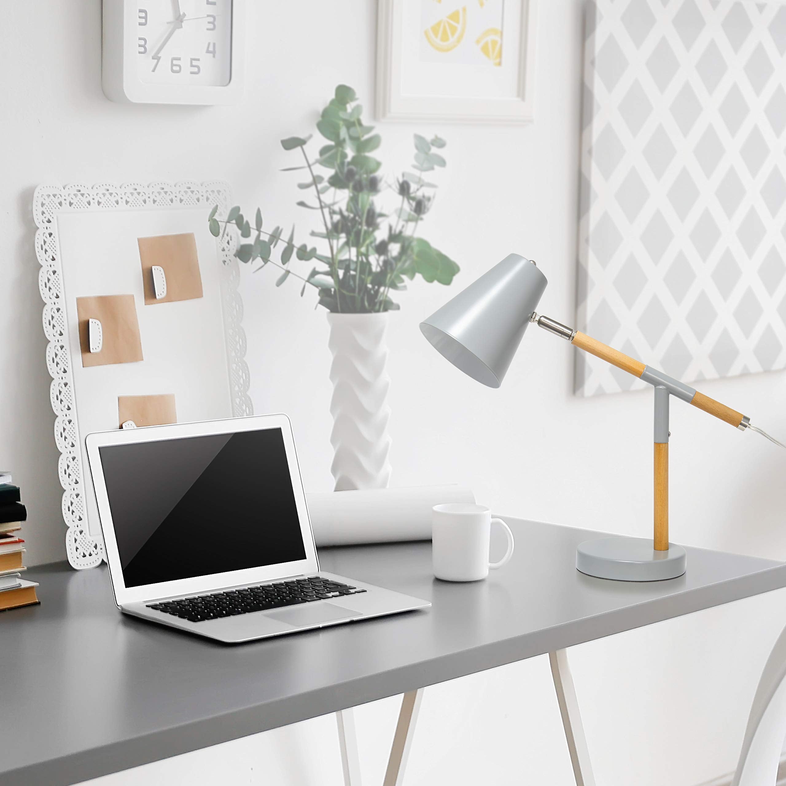 Simple Designs Ld1059-Gry Gray Matte And Wooden Pivot Desk Lamp