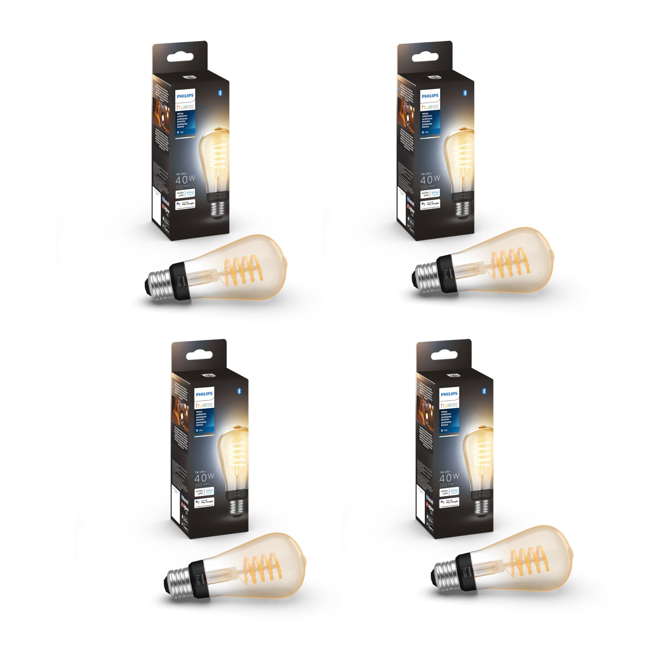 Philips Hue Smart 40W St19 Filament Led Bulb - White Ambiance Warm-To-Cool White Light - 4 Pack - 550Lm - E26 - Indoor - Control