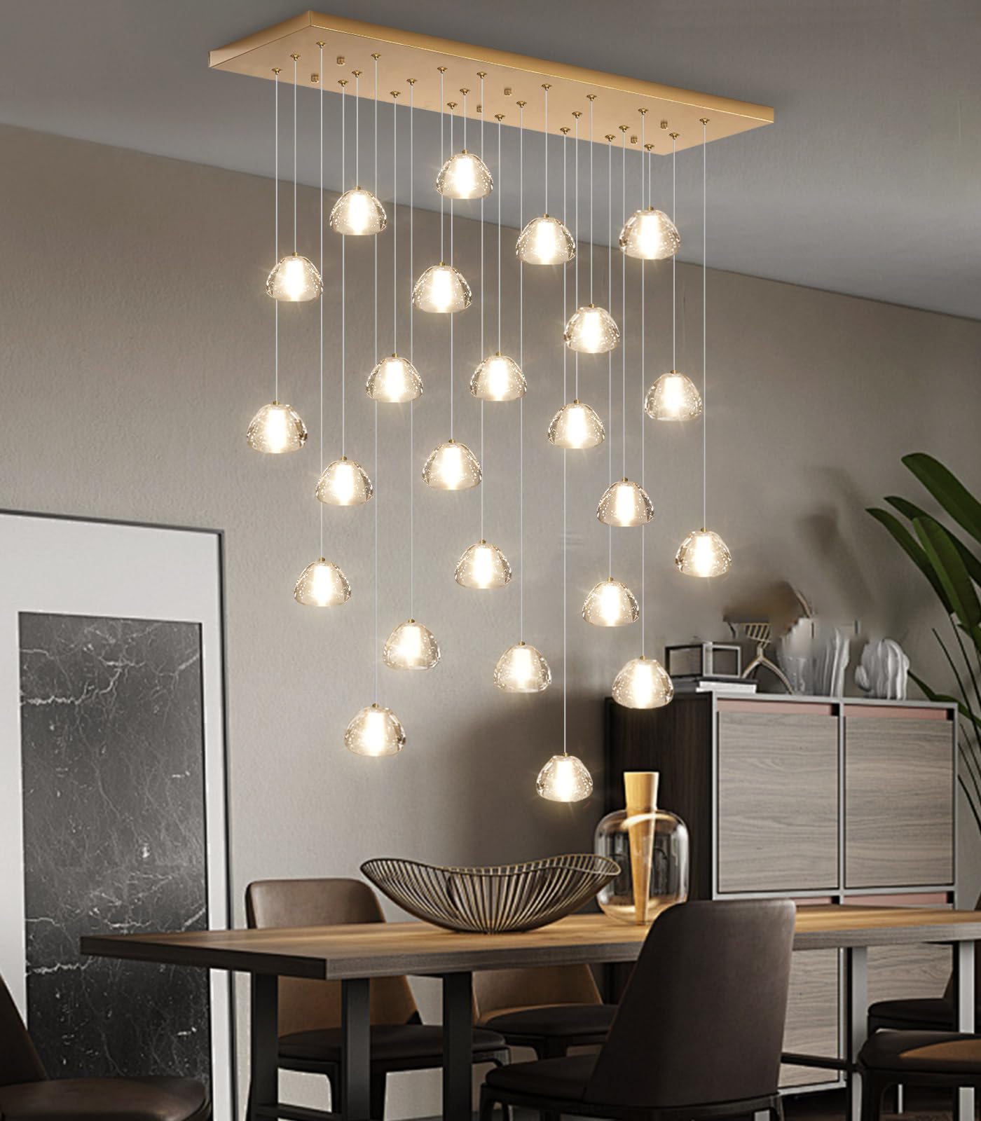 dolria Modern Crystal Rectangular Chandelier, 24-Lights, Gold, LED Pendant Light for Living Room, Hotel, Hallway, Model PC0010-24G-Chang