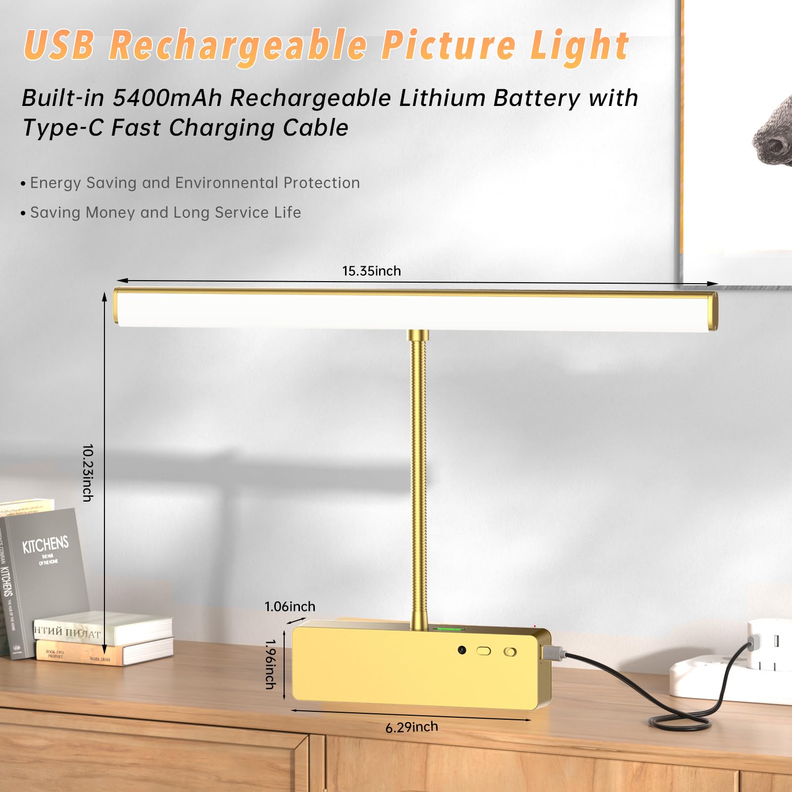 Picture Light With Remote, 15.35Inch Wireless Rechargeable Battery Wall Light For Paintings, 3 Colors Paintings Light Dimmable And Timer Metal Art Light For Display, Wall, Artwork, Gallery (Gold) 2Pcs