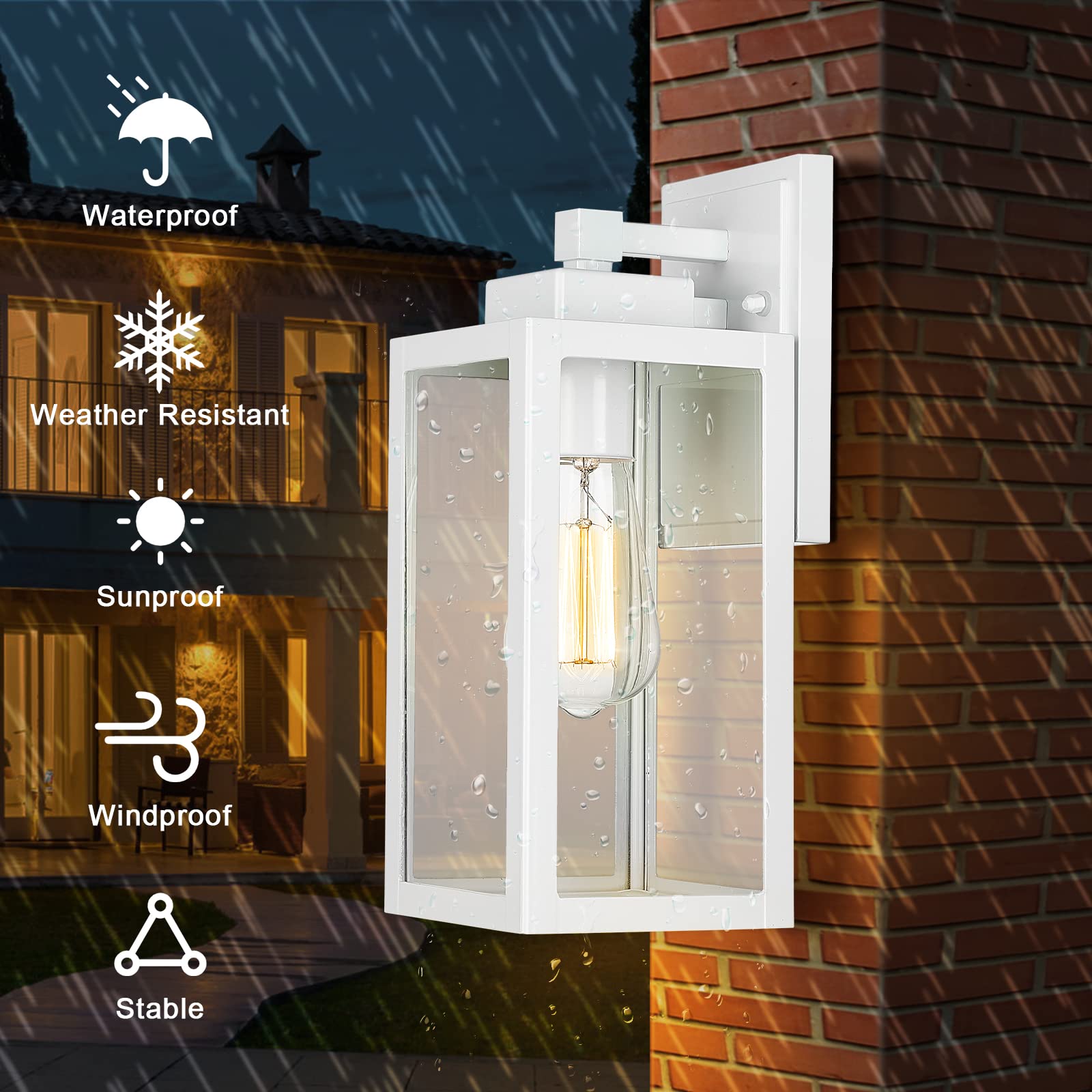 Darkaway Outdoor Wall Lanterns, Waterproof Glass Sconces, 13 Inch, 2 Pack, White, Model 6W1B-2PK WH