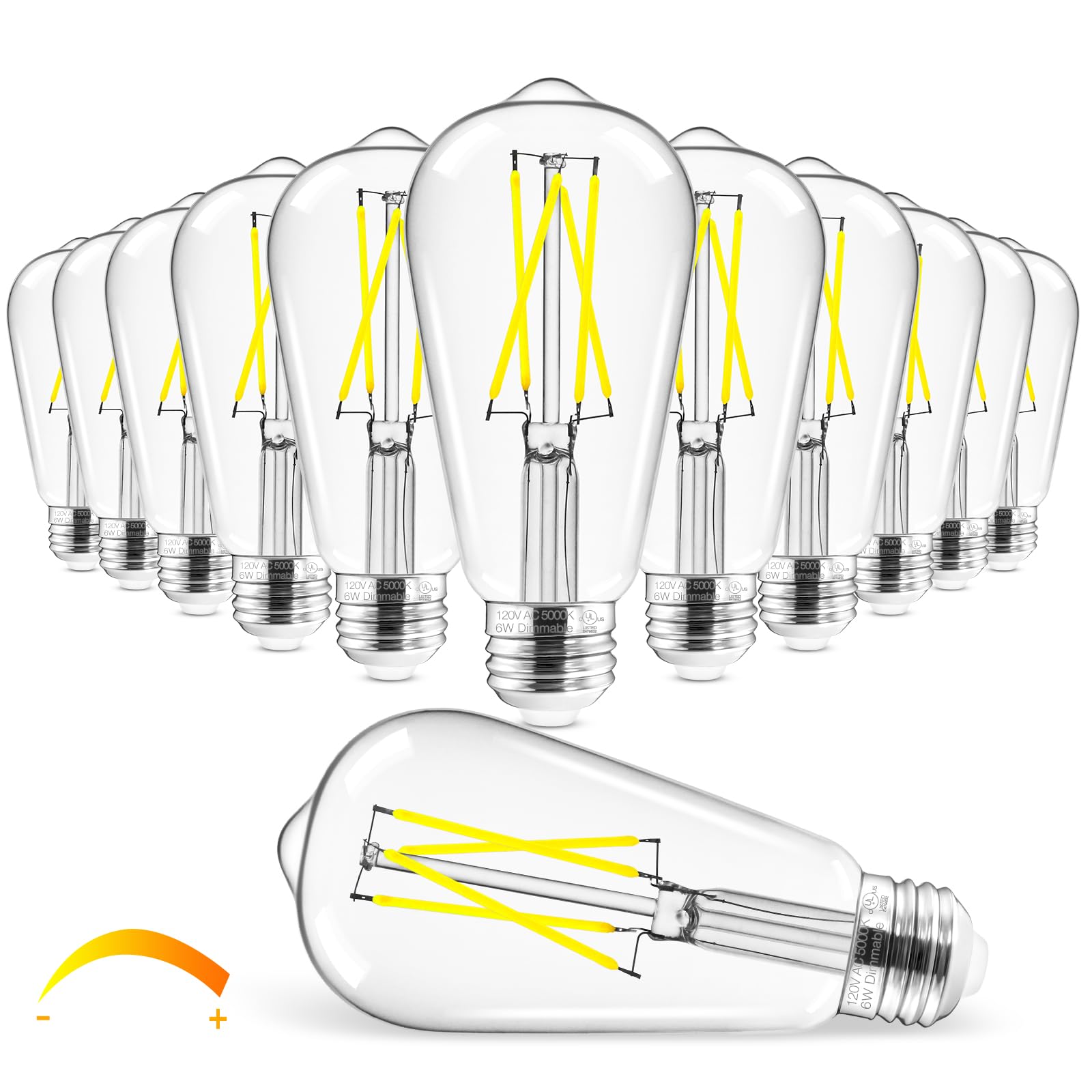 Hizashi Vintage LED Edison Bulb Dimmable, 6W Equivalent 60W, 5000k Daylight, E26 Base Led Light Bulbs, 700LM, High CRI 95+ Eye Protection, Clear Glass, Pack of 12