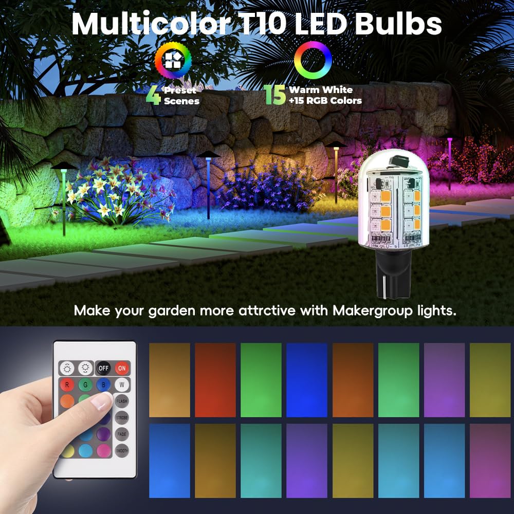 Makergroup RGB T10 LED Light Bulbs 12V, 3 Pack, Multi-colored, Dimmable with Remote, Weatherproof for Outdoor Use