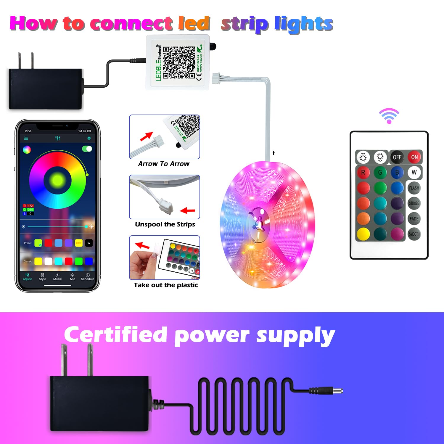 Letianpai 100Ft Smart Led Strip Lights, Music Sync Rgb, Bluetooth/Ir Control For Home & Party