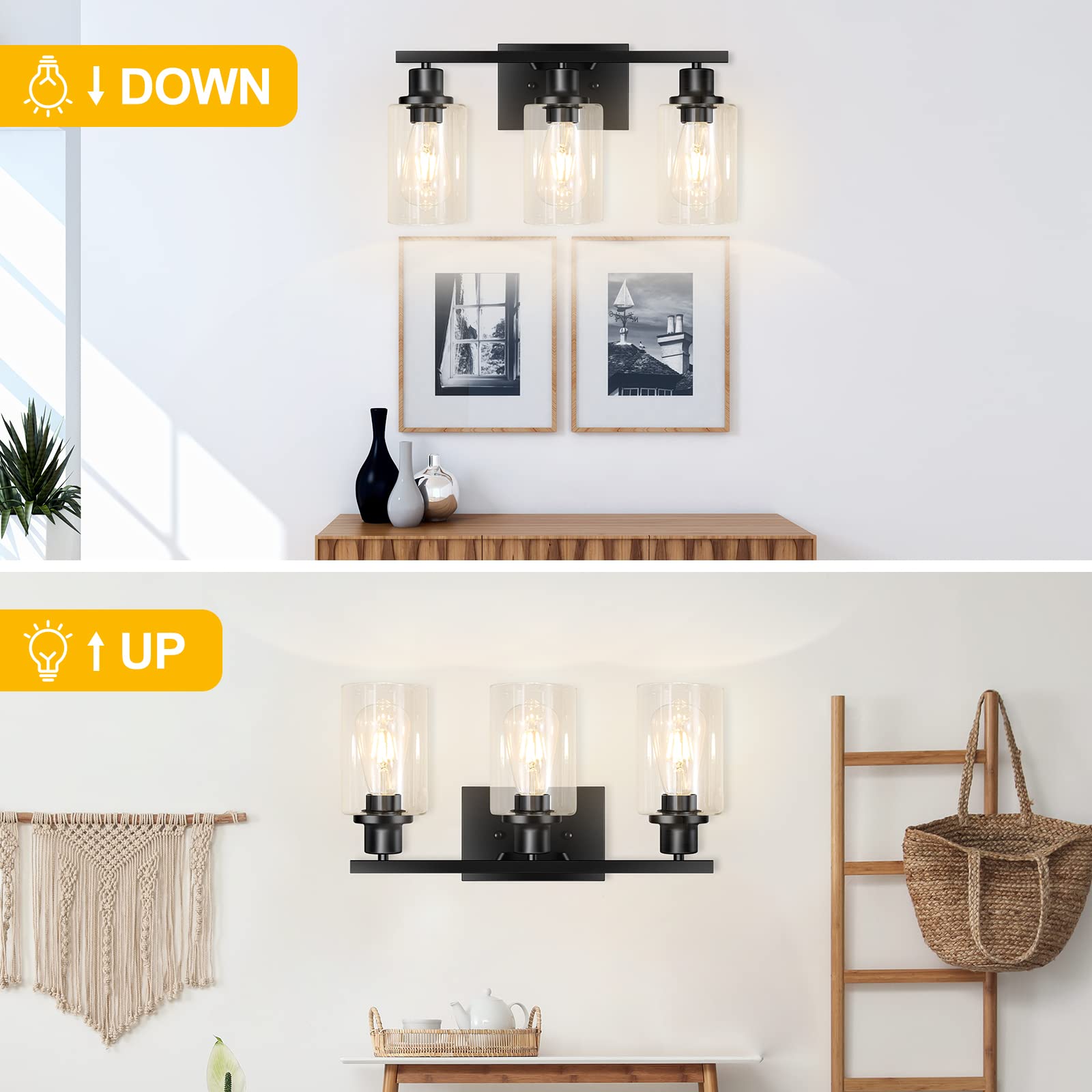 Apenath 3-Light Vanity Light, Matte Black Metal Wall Fixture, Modern Design for Bathroom, Kitchen, Hallway, Model HU-XI-201