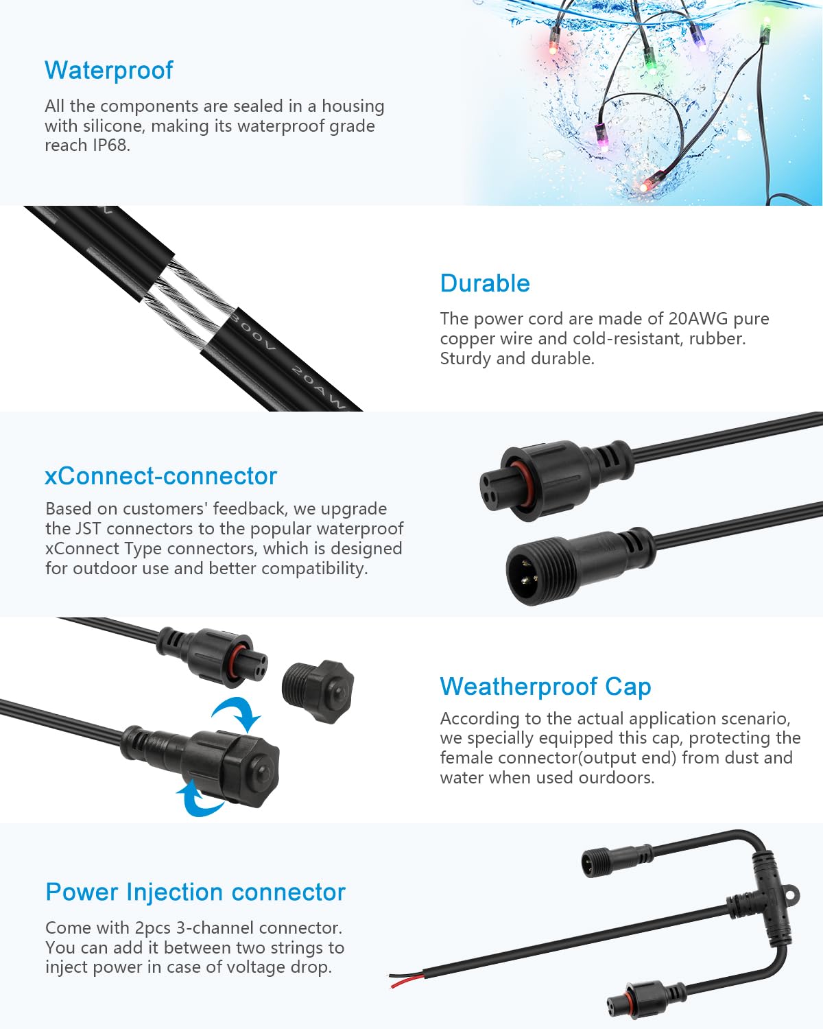 ALITOVE 12V RGB WS2811 Pixel String Lights, 500 LEDs, 8in Spacing, Waterproof IP68, Programmable Outdoor Christmas Lights