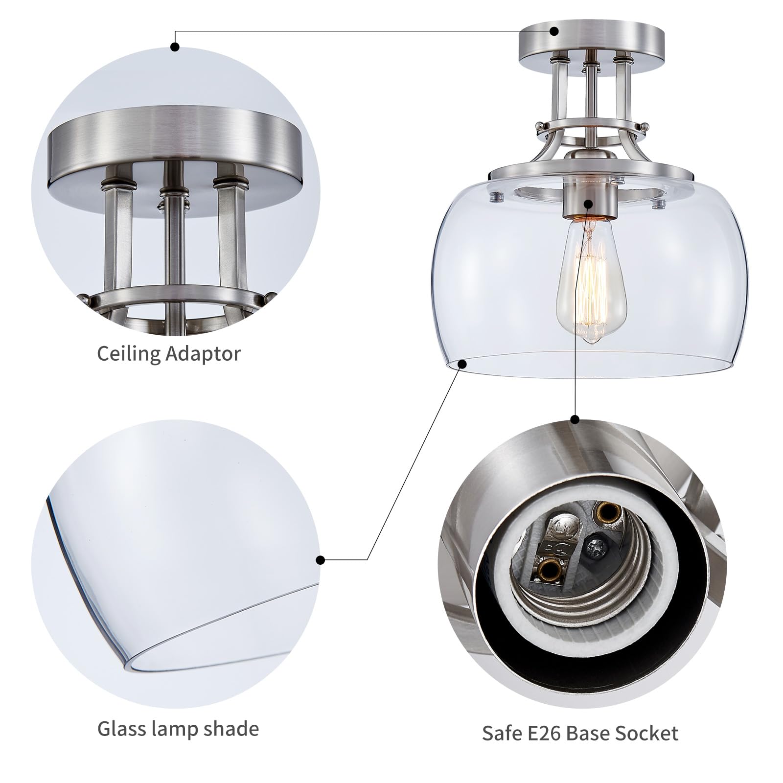 Wuzups Rustic Farmhouse Chandelier Led Light Fixture, Brushed Nickel, 10&quot; Round, Clear Glass Shades