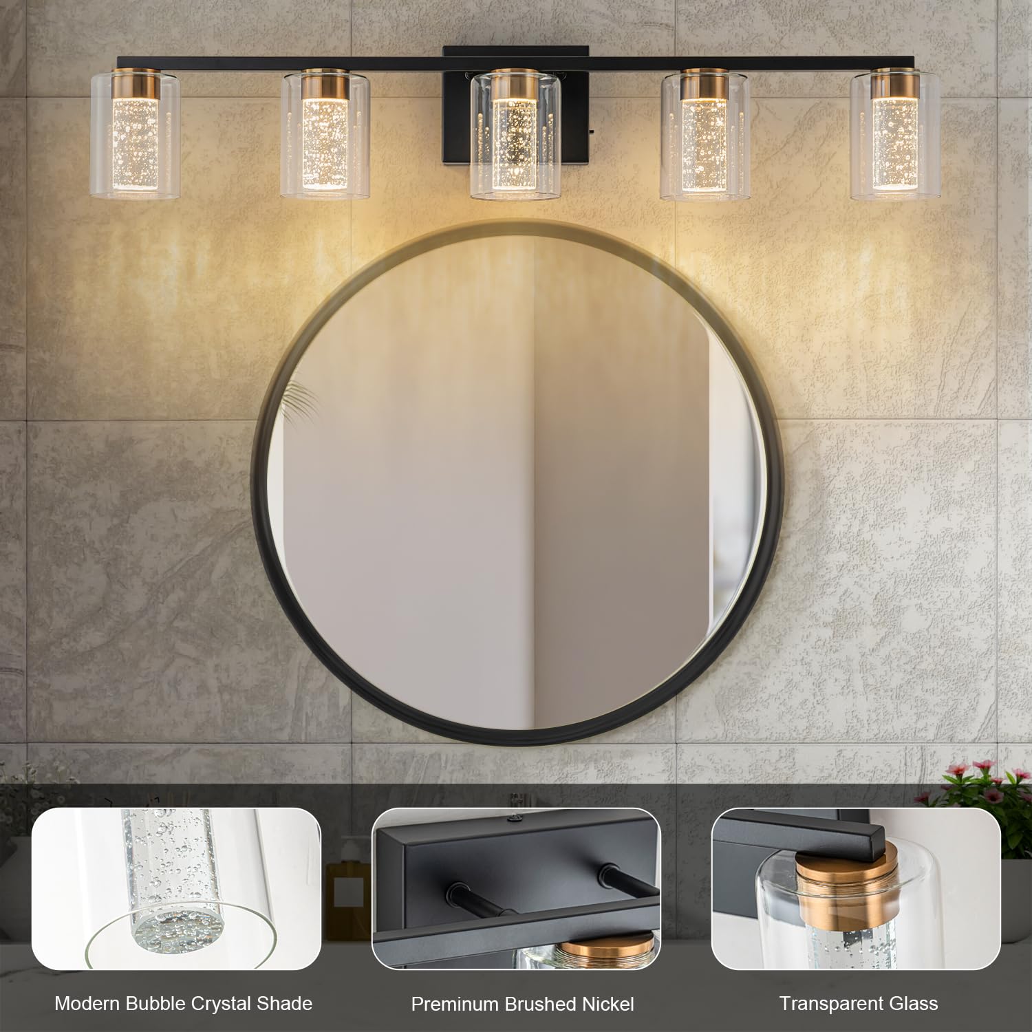 SineRise 5-Light Vanity Light Fixture, Black-Gold, Dimmable LED, Eye Protection, 3 Color Modes, Model af01d95b-88be-413f-aed