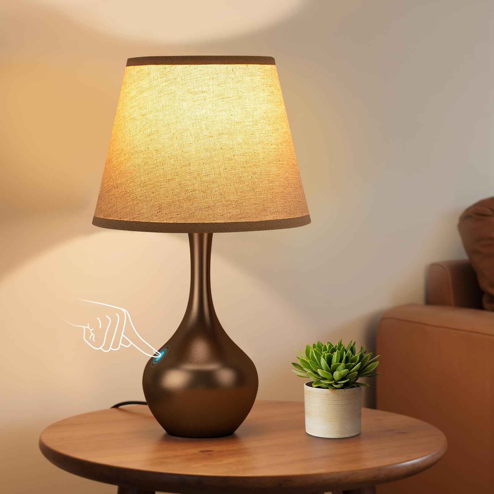 Seealle Touch Table Lamp for Bedroom  3-Way Dimmable Small Bedside Lamps for Night Stands with Wires  Brown Desk Lamp for Kids Room  Office  Living Room  End Table(LED Bulb Included)