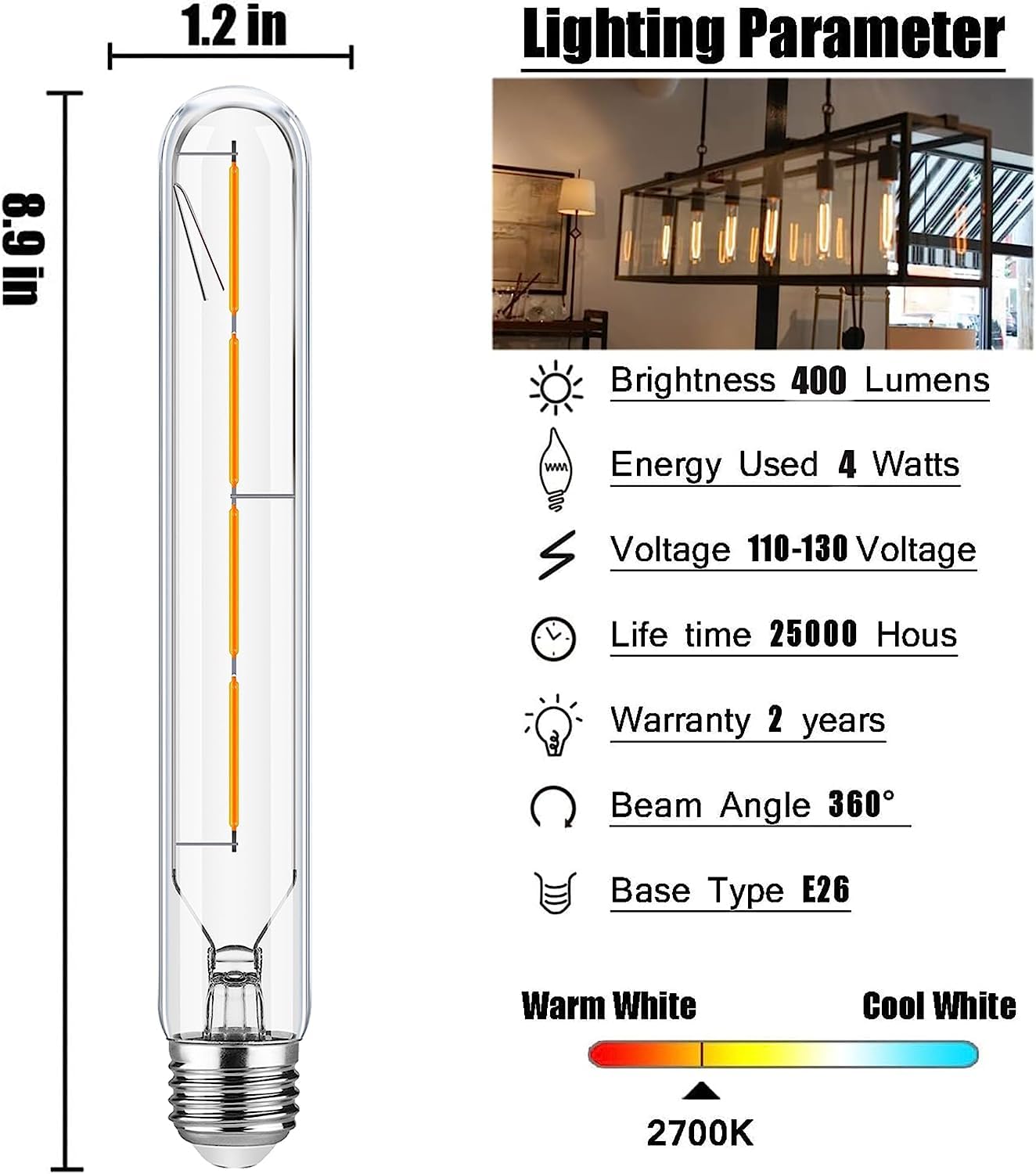 Xininsun T10 Led Bulb,8.9 Inch Long Tubular Led Light Bulbs,40Watt Equivalent, Warm White 2700K 400Lm,E26 4W Led T10 Bulb,Led Fi