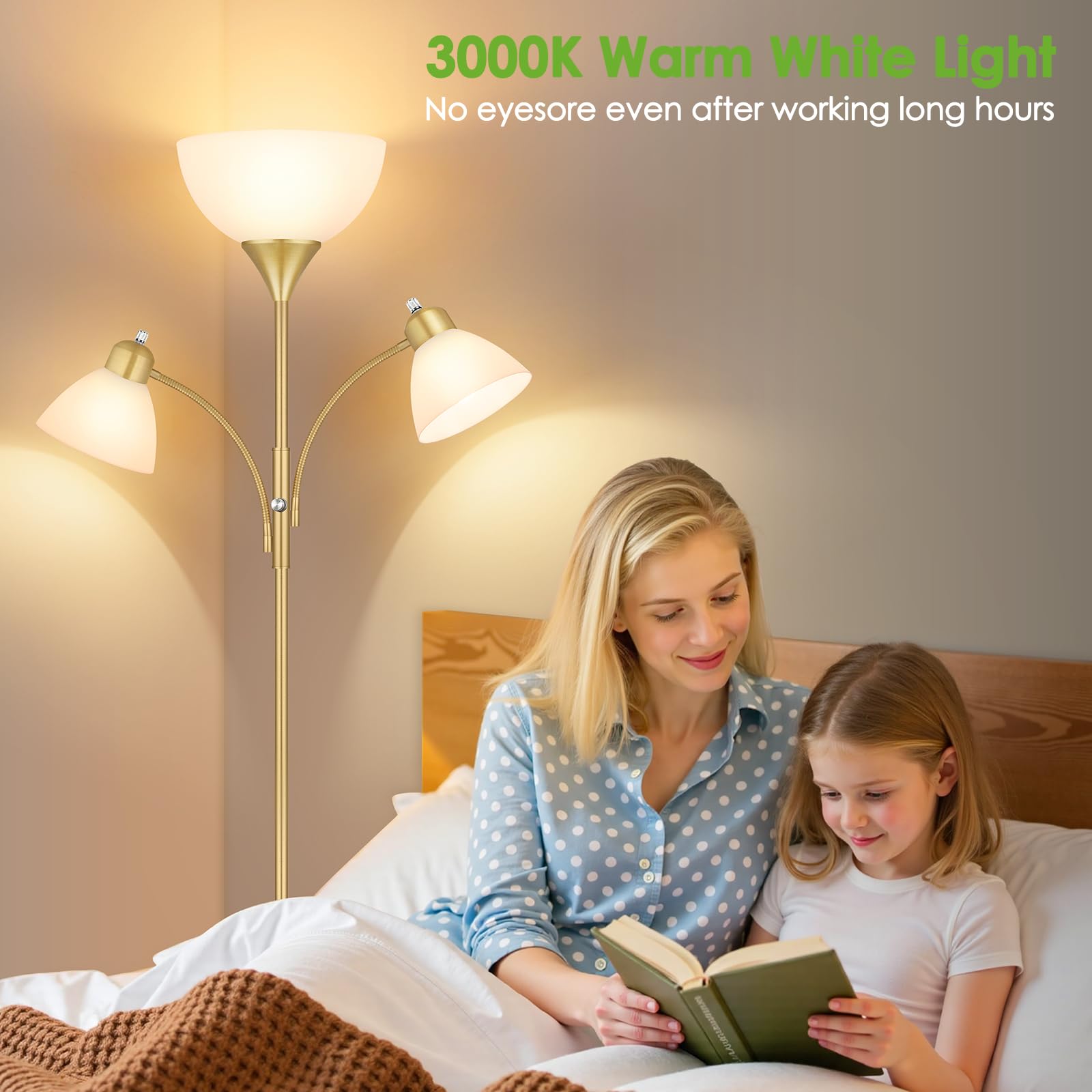 Coucrek 72" Dimmable Floor Lamp with 2 Reading Lights, Gold Metal Torchiere, Model HD-FL8001, Perfect for Living Room and Bedroom