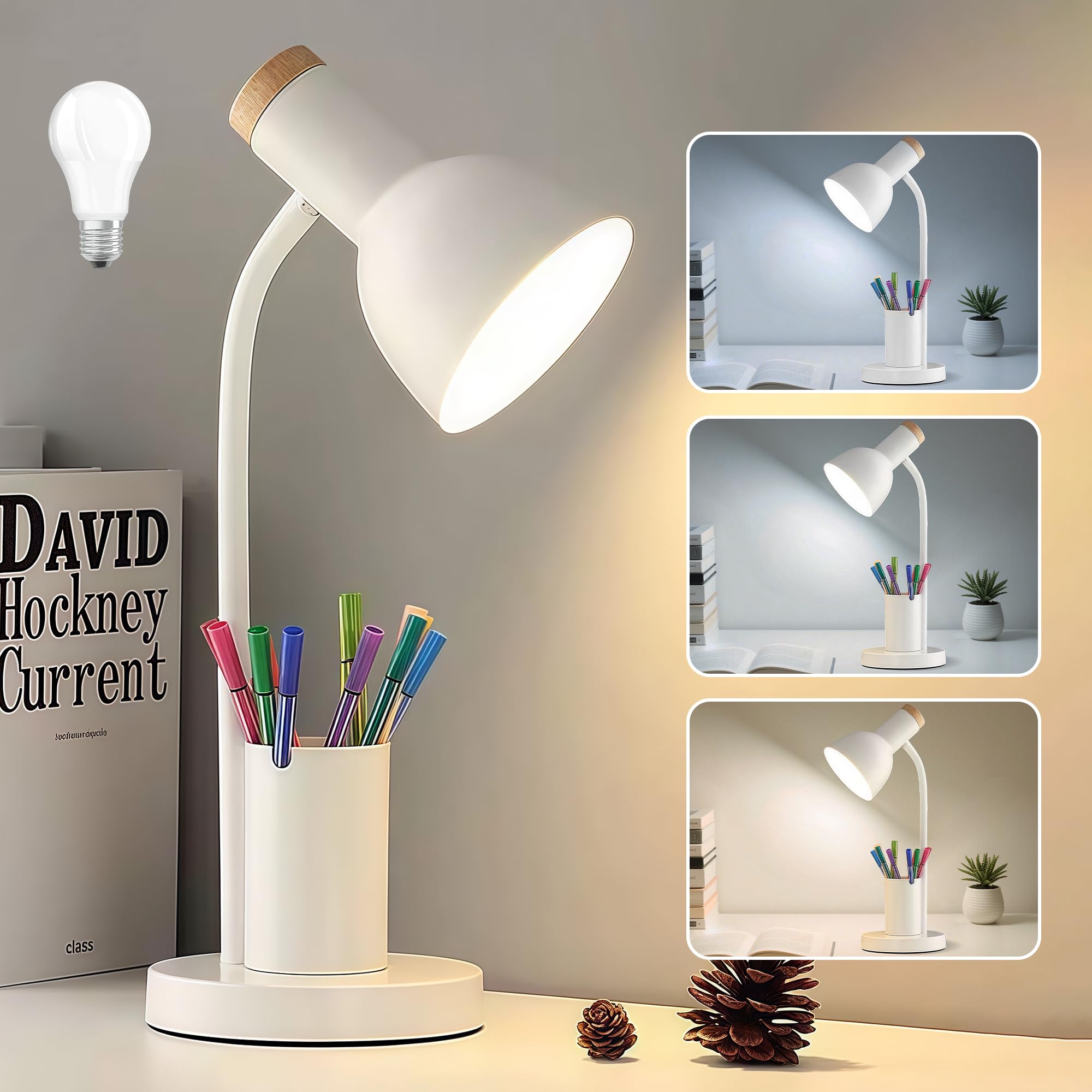 LED Desk Lamp for Home Office, Table Lamp with Pen Holder, 3 Color Modes Reading Light, Eye-Caring Desk Light with Gooseneck, St