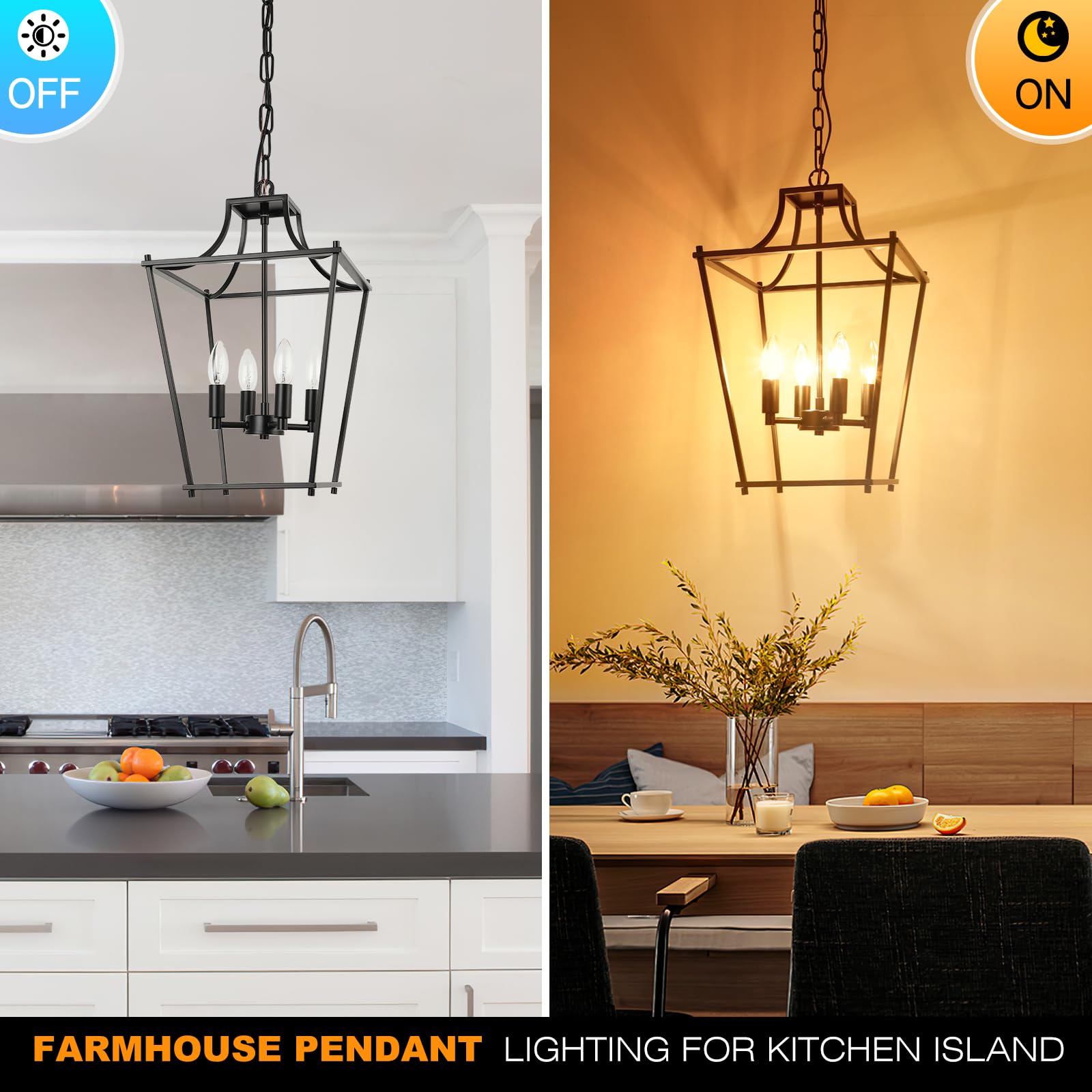 Foucasal Black Lantern Pendant Light 4-Light Pendant Light Fixtures Hanging Farmhouse Chandelier With E12 Bulb Base, 12'' Adjust