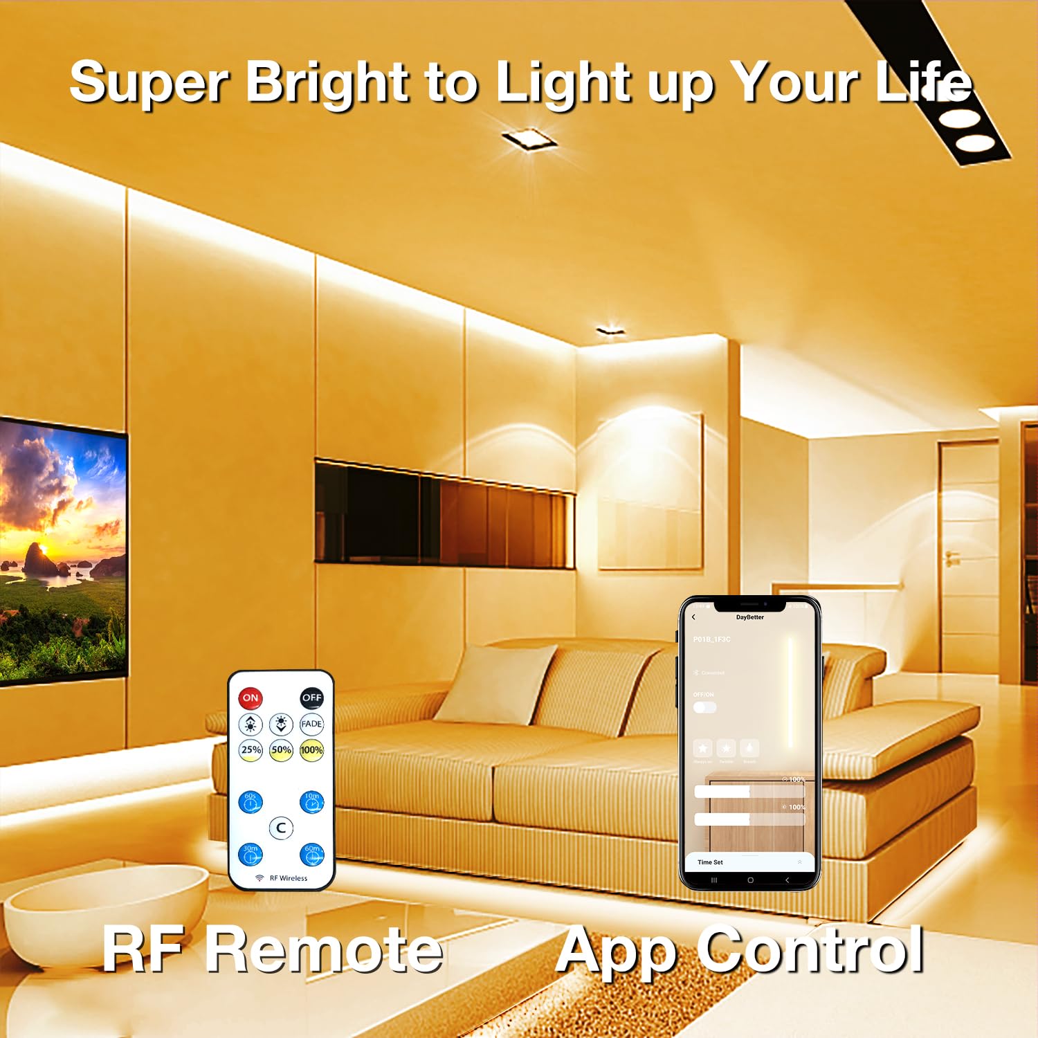 Daybetter Cob Led Strip Lights With Remote And App Control, 32.8Ft 3000K Dimmable Ultra Bright Warm White Cob Light Strip, Indoo