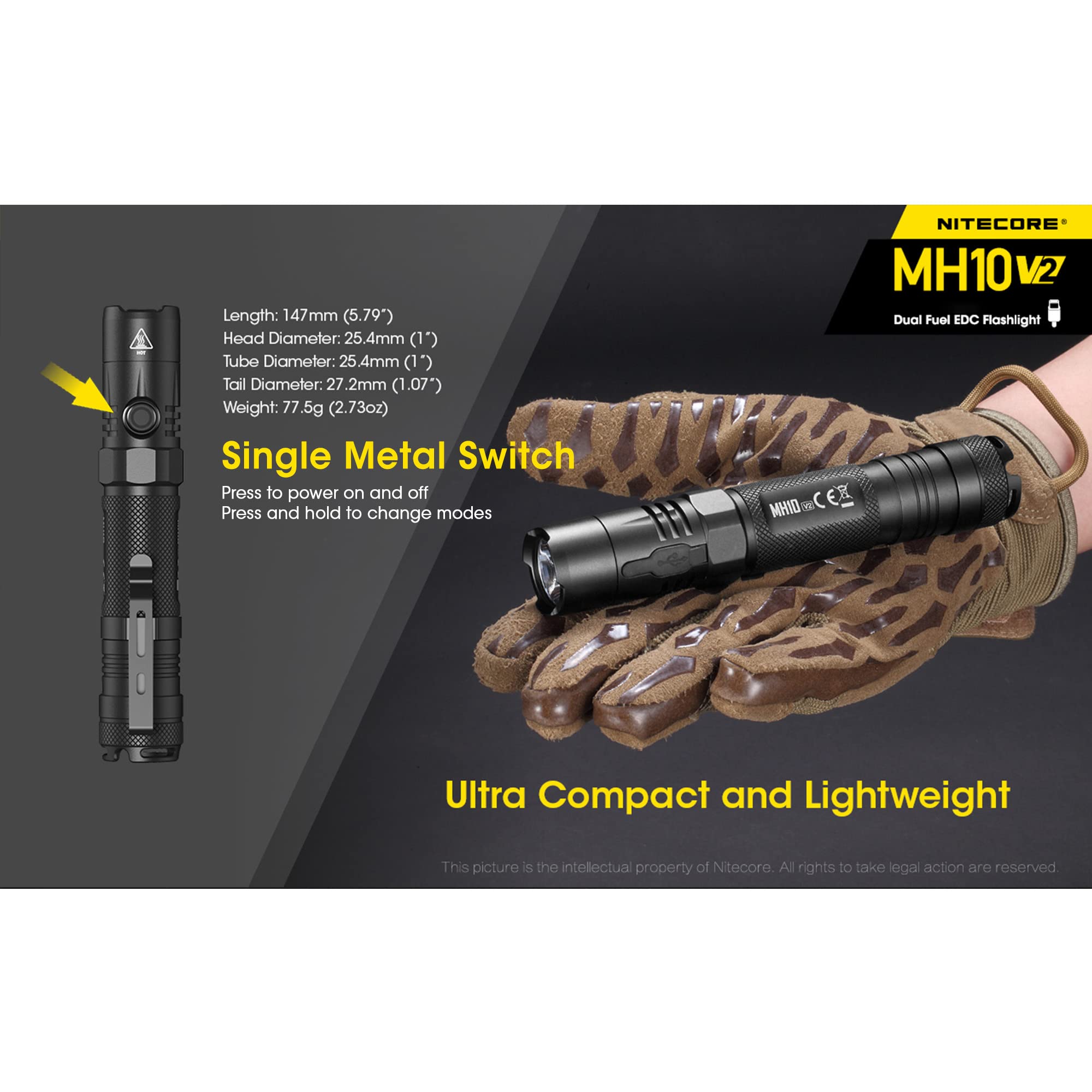 Nitecore Mh10 V2 Rechargeable Flashlight, 1200 Lumen Led Usb-C Fast Charging Side Switch Compact For Edc Pocket Carry With Lumen