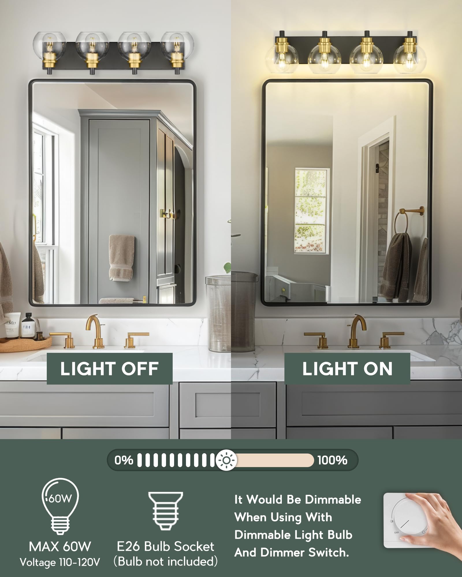 Metwet Bathroom Light Fixtures  4-Light Black And Gold Bathroom Vanity Light  26 Inch Modern Wall Sconces With Globe Clear Glass Shade  Vanity Lighting Fixtures Over Mirror  Vl195-Kg-4