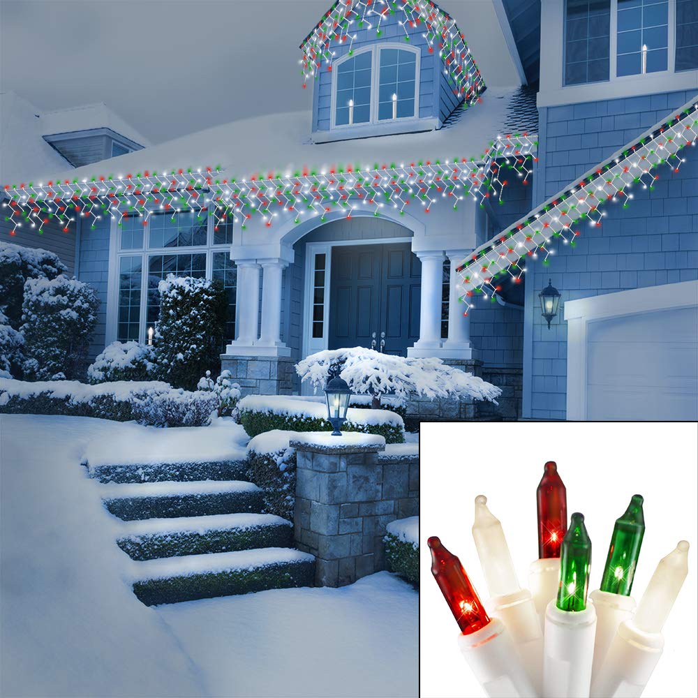 612 Vermont 150 Count Red, Green And White Frosted Mini Christmas Icicle Light Set, Indoor Outdoor Use, Incandescent Lights, Lighted Length 11.5 Foot, Total Length 12.5 Foot, 27 Drops
