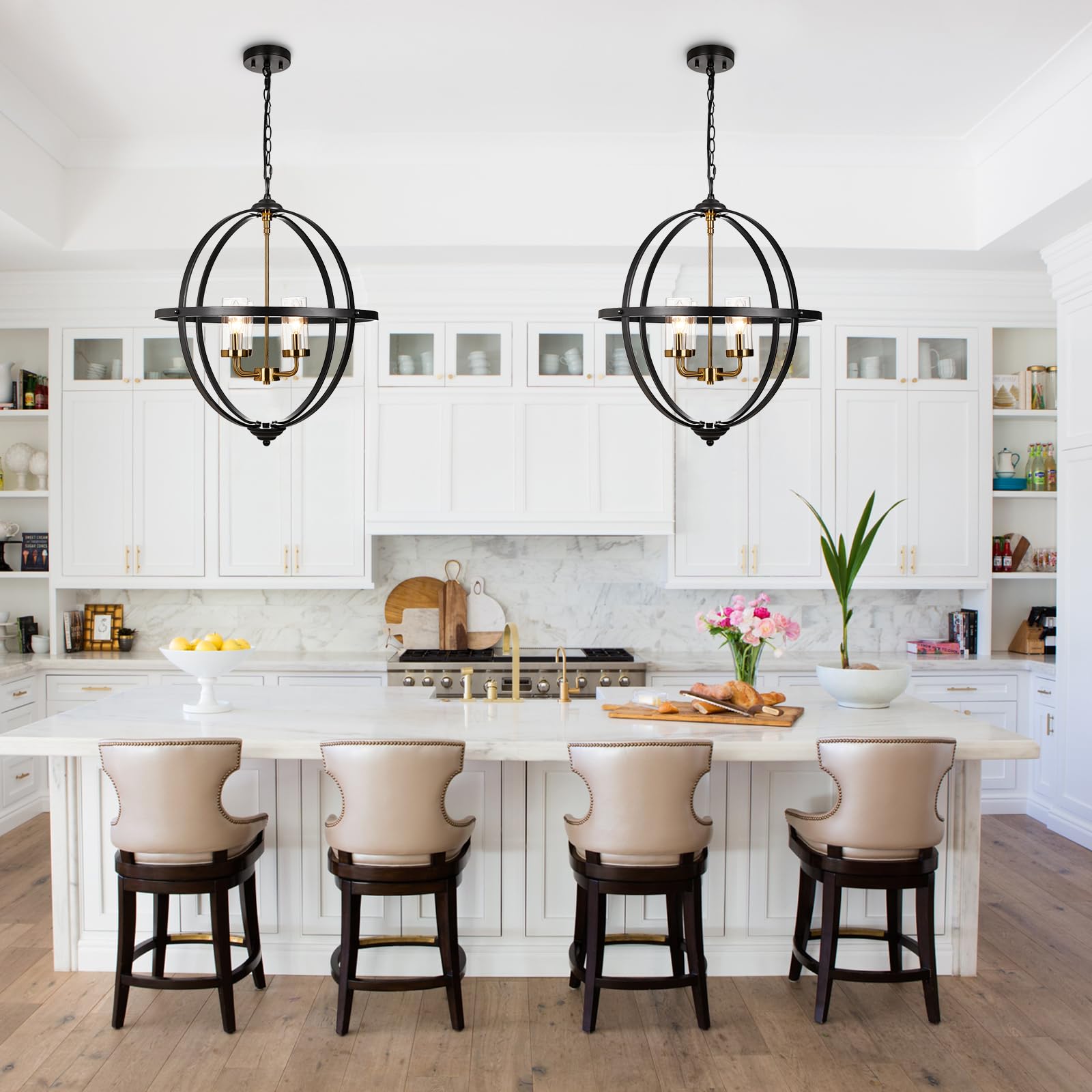 Treekee 20&quot; 4-Light Black And Gold Globe Chandelier Pendant Light For Kitchen & Living Room