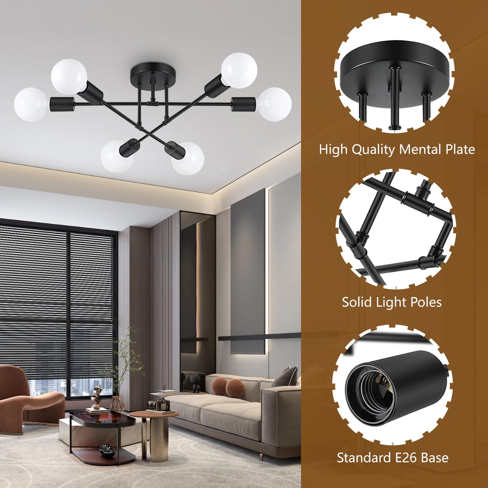 Maichixin 6-Light Ceiling Light Chandelier, Modern Metal Fixture, Black, Semi Flush Mount