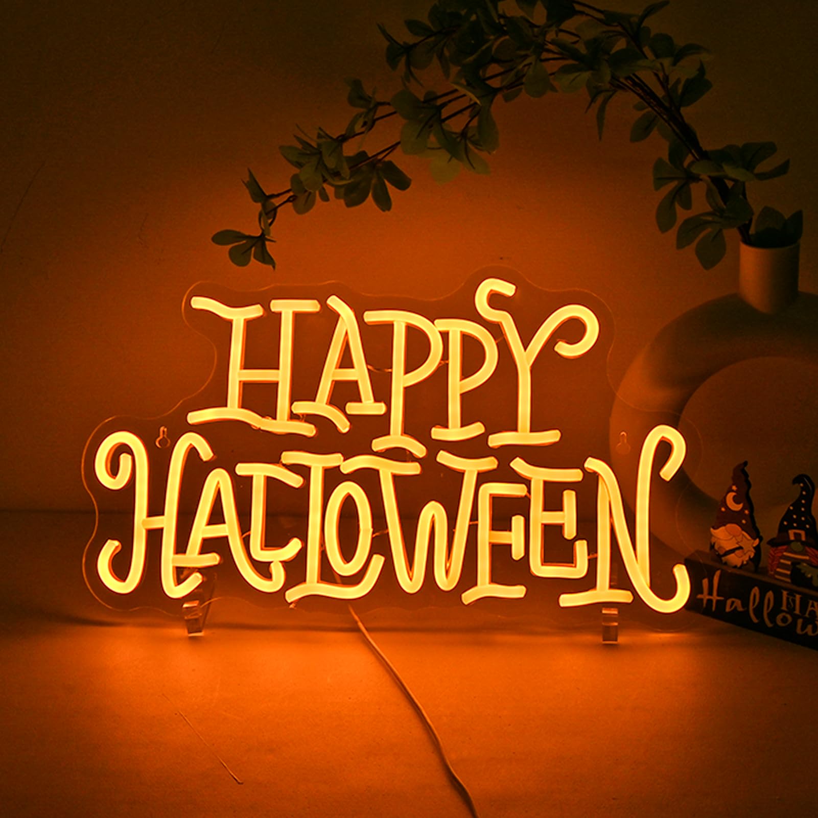 Wanxing Happy Halloween Neon Light Sign Golden Yellow Letter Led Nights For All Hallows Day Party Wall Decor Art Decorations As A Gift For Children Friends Family 16.5 * 19.4