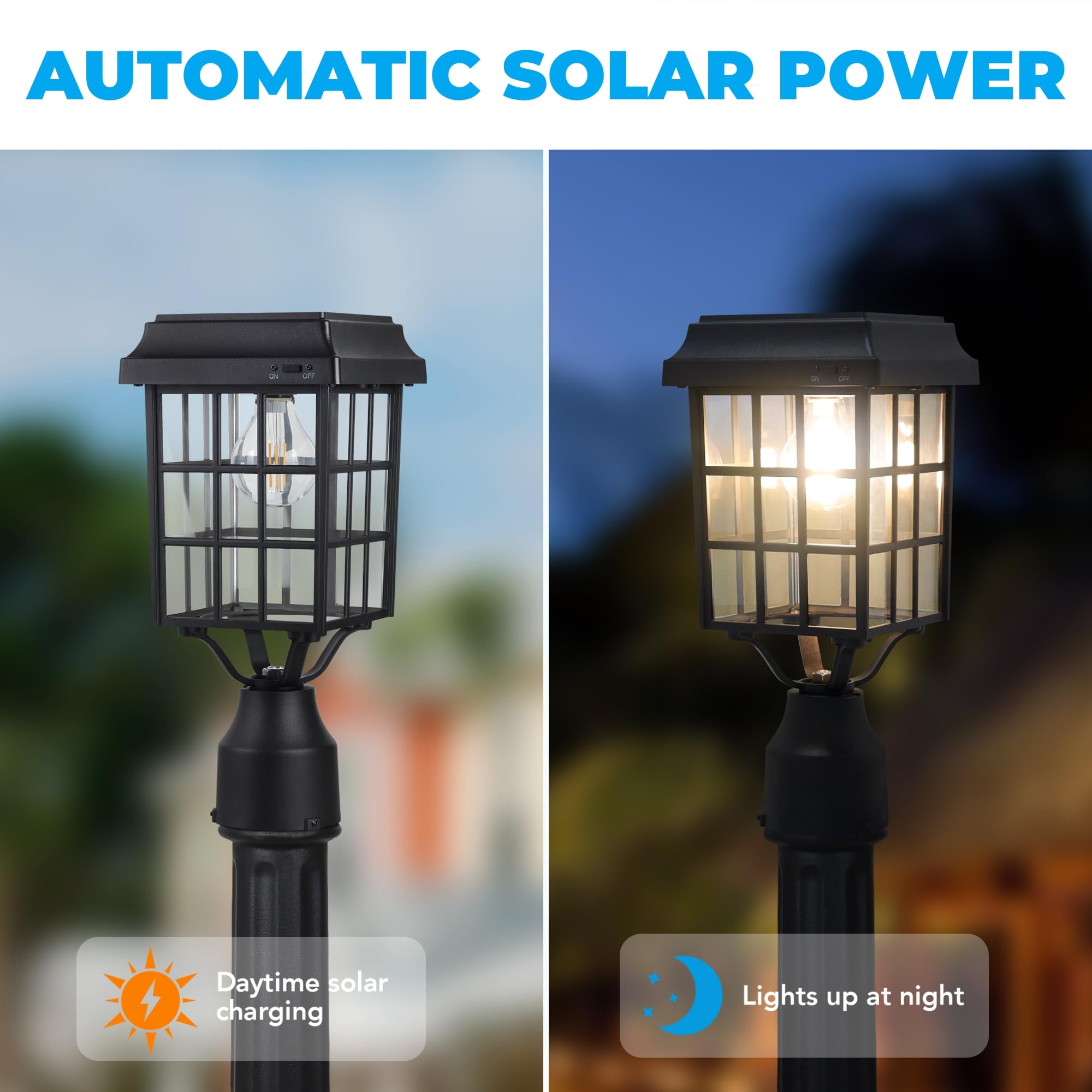 Kemeco Solar Post Light - Waterproof LED Fixture for Outdoor Garden, Flat Roof, Black, Model 4324