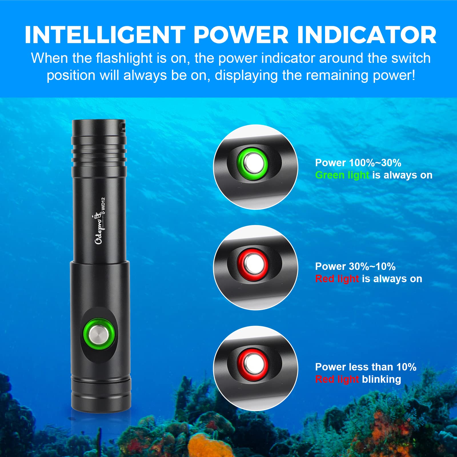 Odepro Wd12 Dive Light - 980 Lumens Compact Scuba Diving Backup Light With 3 Modes, Ip68 Waterproof Submersible Torch, Underwater Snorkeling Flashlight With Push Button (Black)
