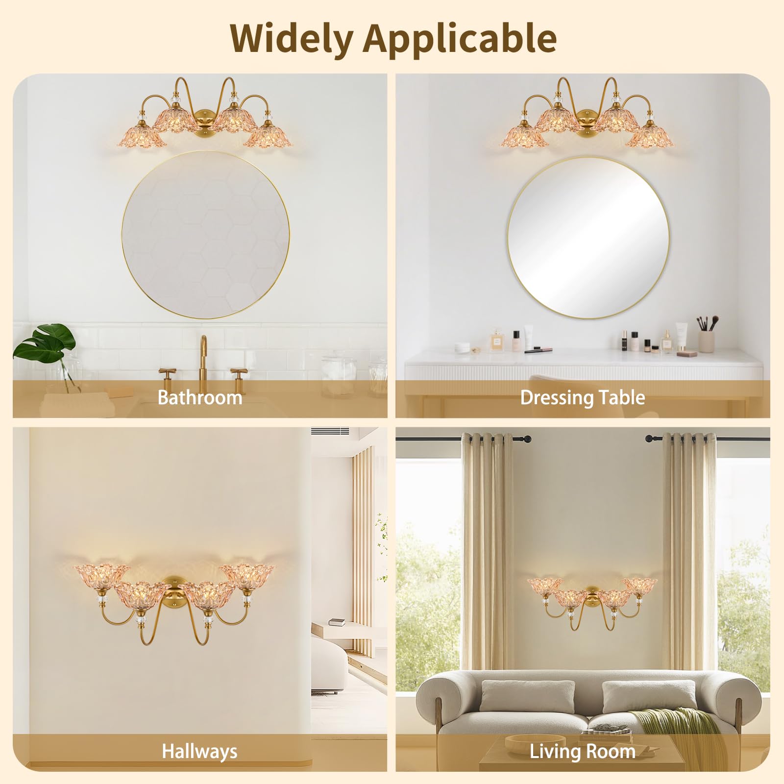 Sunkryster Vintage Bathroom Vanity Light  4-Light Matte Brass Finish Vanity Light With Floral Amber Glass Shades  Retro Wall Mount Lighting For Bathroom  Dressing Table