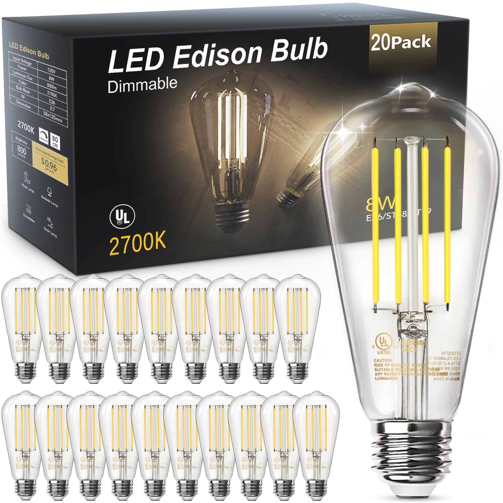 Tjoy 20 Pack Vintage 8W St58 Led Edison Light Bulbs, Dimmable, 60W Equivalent, 800Lumens, 2700K Warm White, E26 Base Led Filamen
