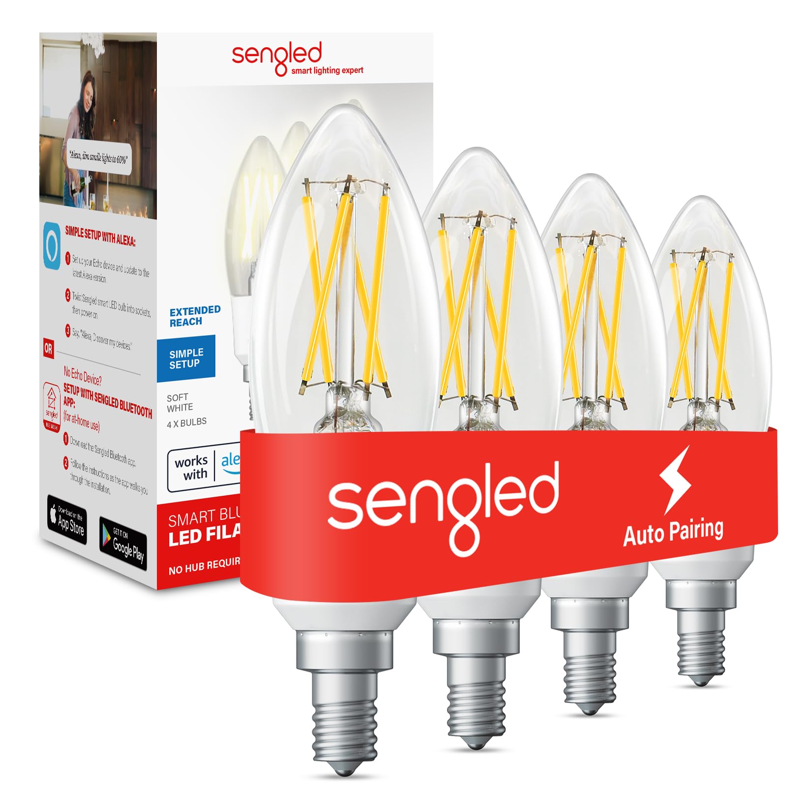 Sengled Alexa Light Bulb, E12 Smart Bulbs, Edison Bulbs Bluetooth Mesh, 40 Watt Candelabra Light Bulbs 2700K B11, Smart Bulbs Th