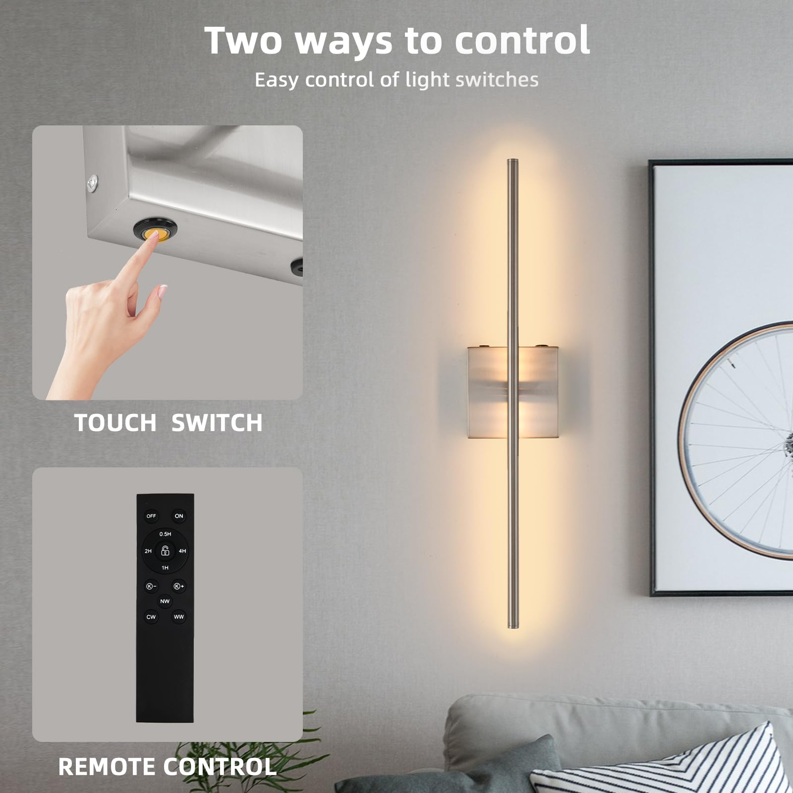 Battery Operated Wall Sconces, Modern Brushed Nickel Rechargeable Wall Sconce With Remote Control, 3000K-6000K Dimmable Led Wire